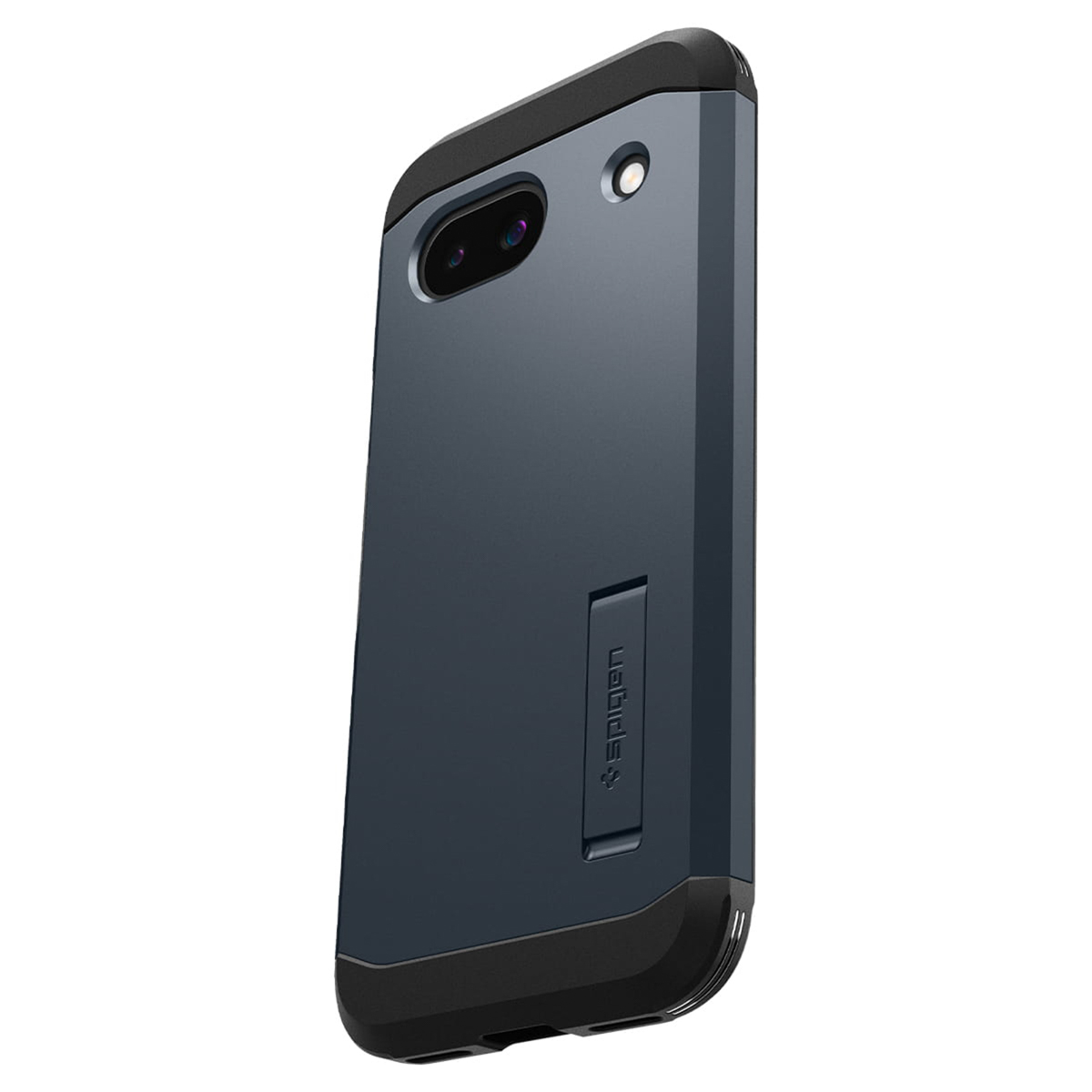 Una custodia per telefono blu scuro con bordo nero. Il logo 'Spigen' è sul lato. Telefono non visibile.