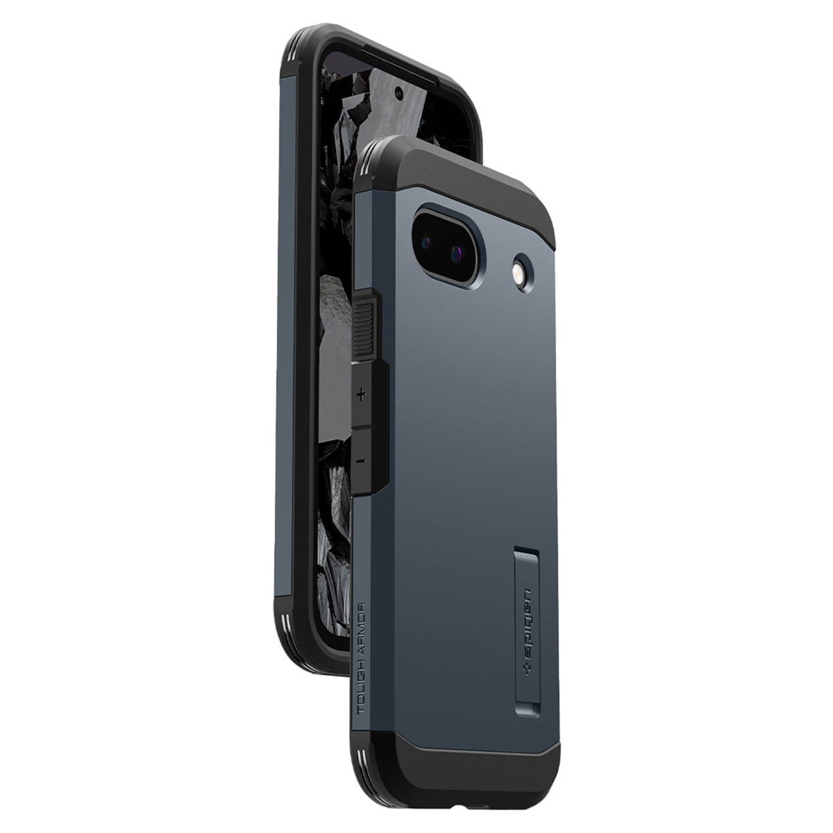 Un telefono blu in una custodia nera, angolato per mostrare il lato con i pulsanti e il logo 'TOUGH ARMOR'.