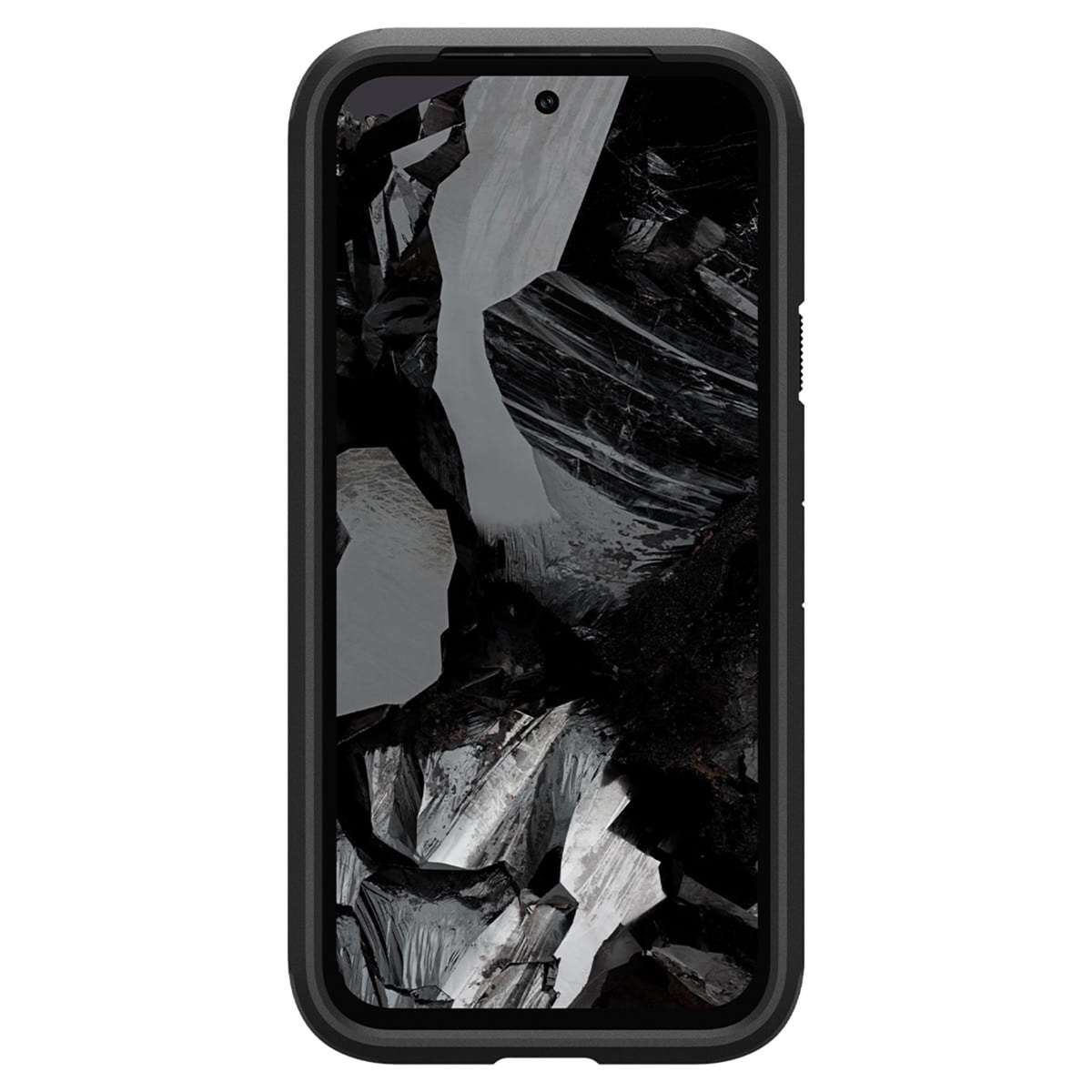 Uno schermo del telefono che mostra un paesaggio montuoso in bianco e nero. Il telefono è in una custodia nera.