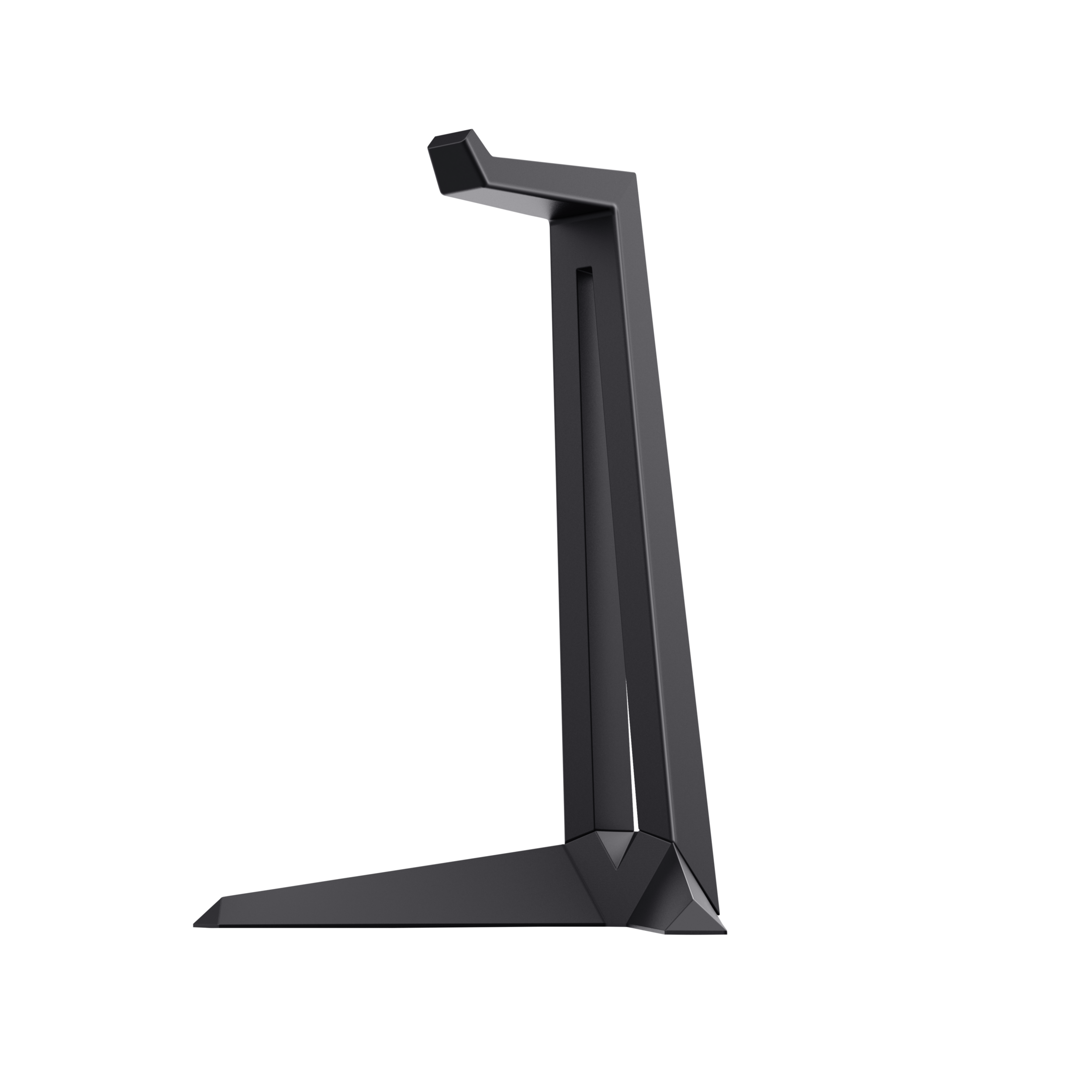 Zwarte hoofdtelefoonstandaard op een zwarte achtergrond. De standaard heeft een geometrisch ontwerp.