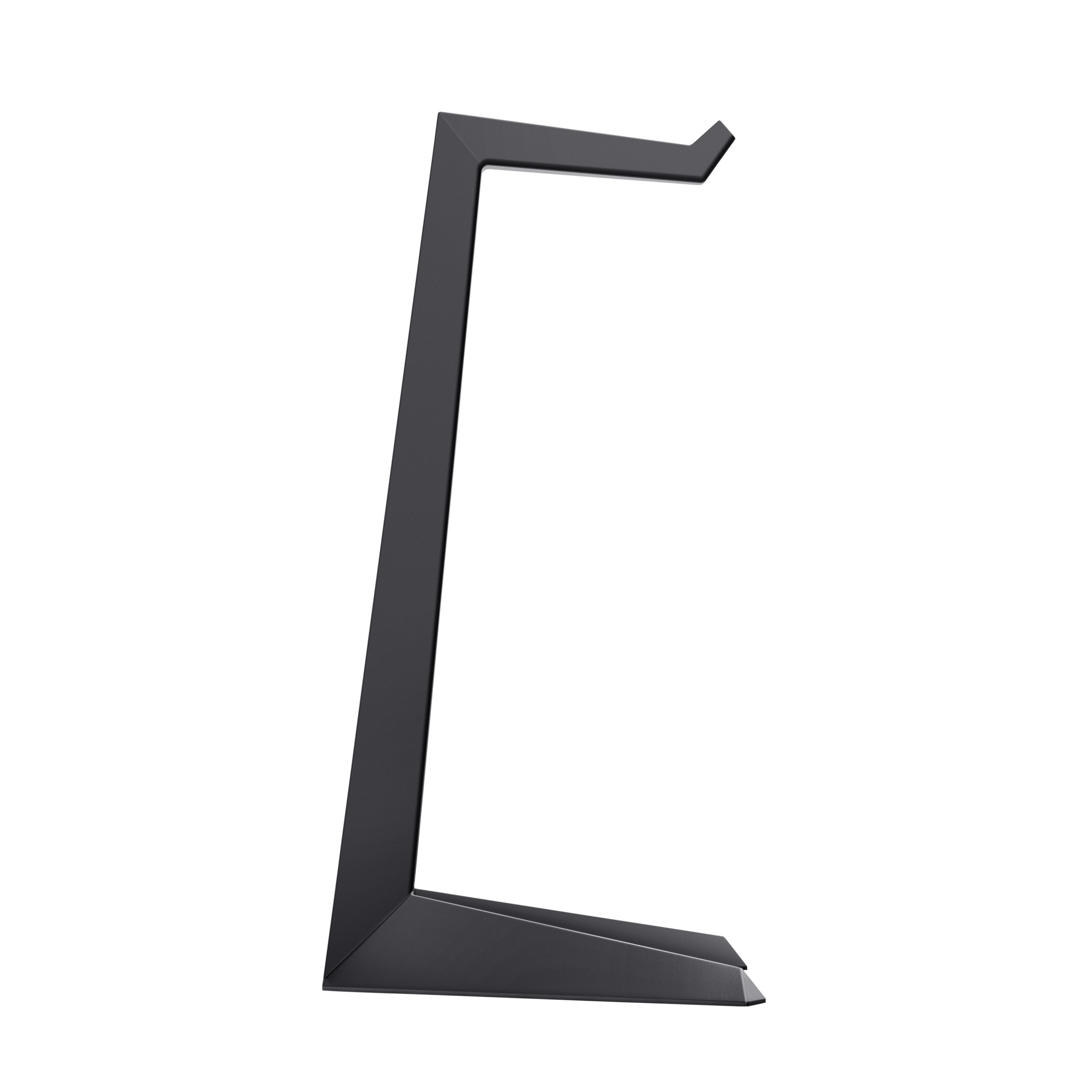 Zwarte hoofdtelefoonstandaard geïsoleerd op een zwarte achtergrond. De standaard is metaal en modern.