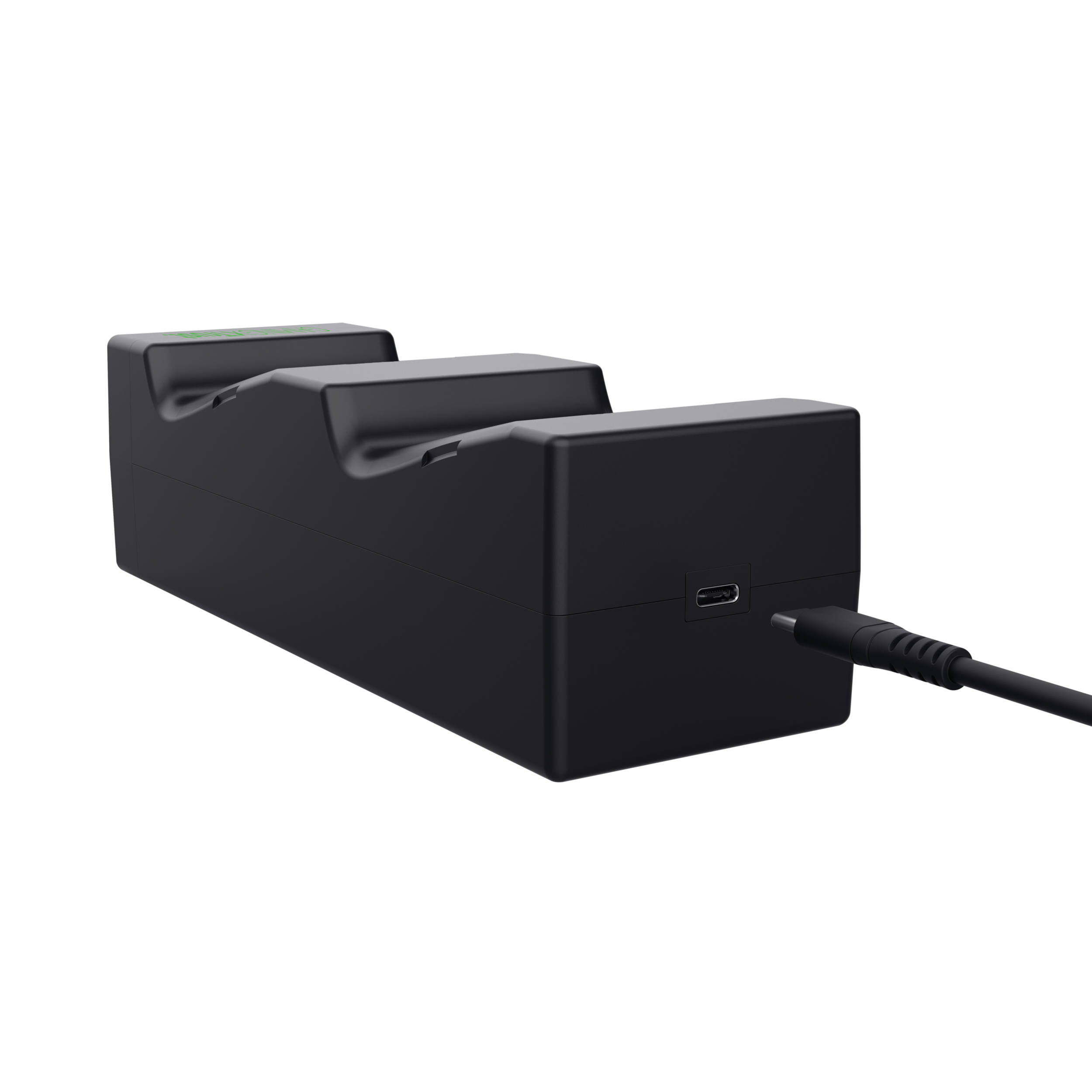 Zwart laadstation met een USB-poort. Het laadstation staat op een zwart oppervlak.