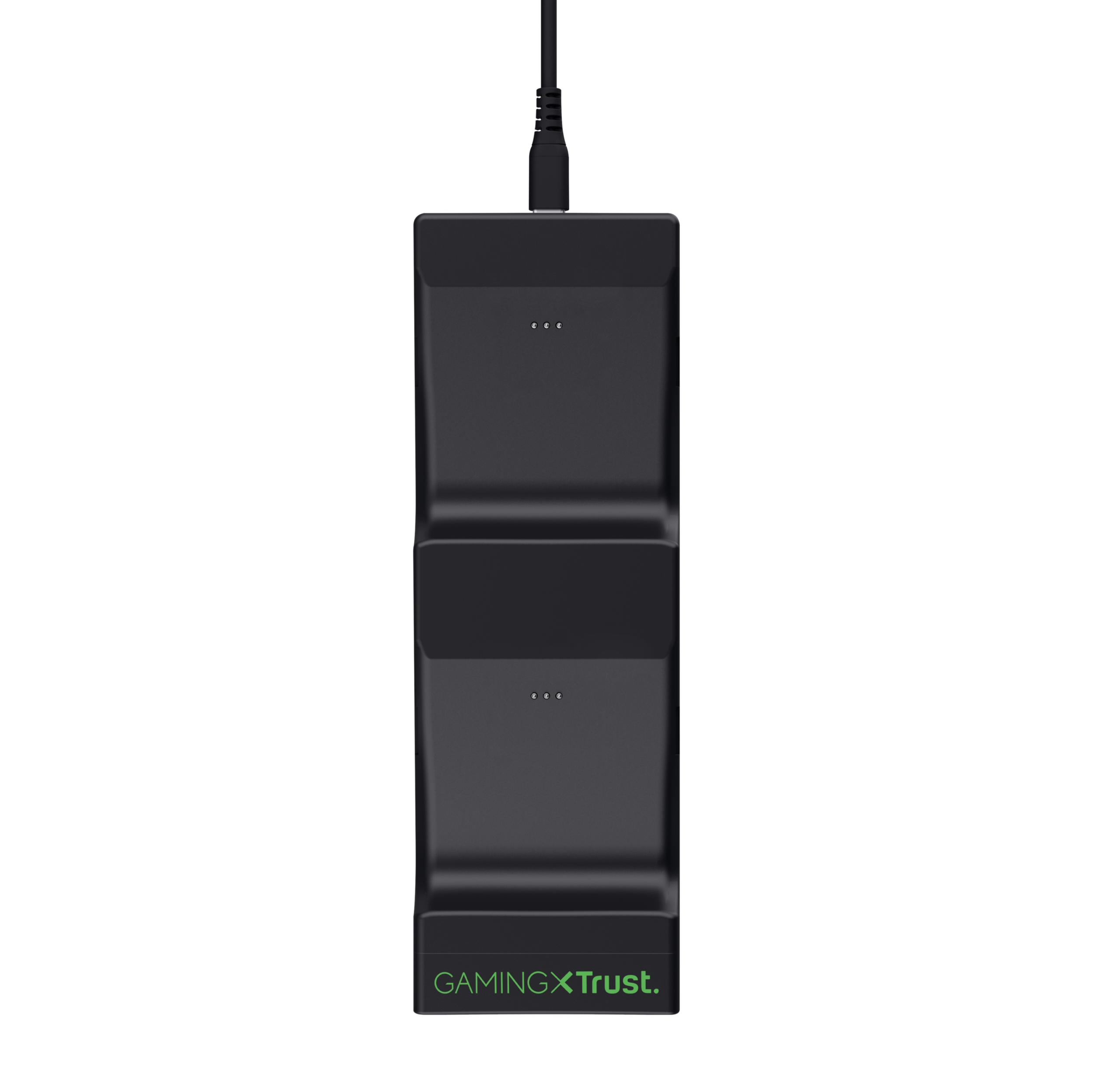 Zwarte dual-bay gaming controller lader met kabel en GamingXTrust logo.