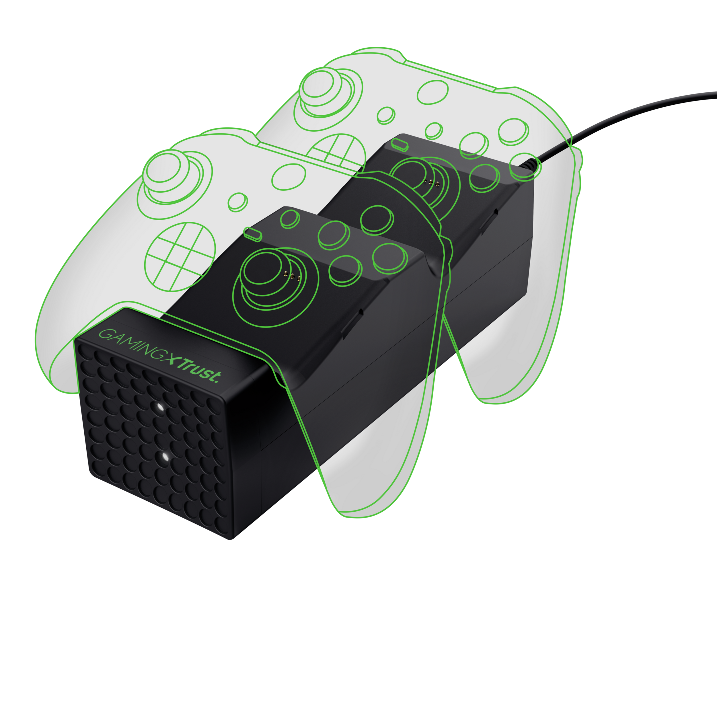 Oplader voor gamecontrollers met groene contouren. Twee controllers staan bovenop het oplaadstation.