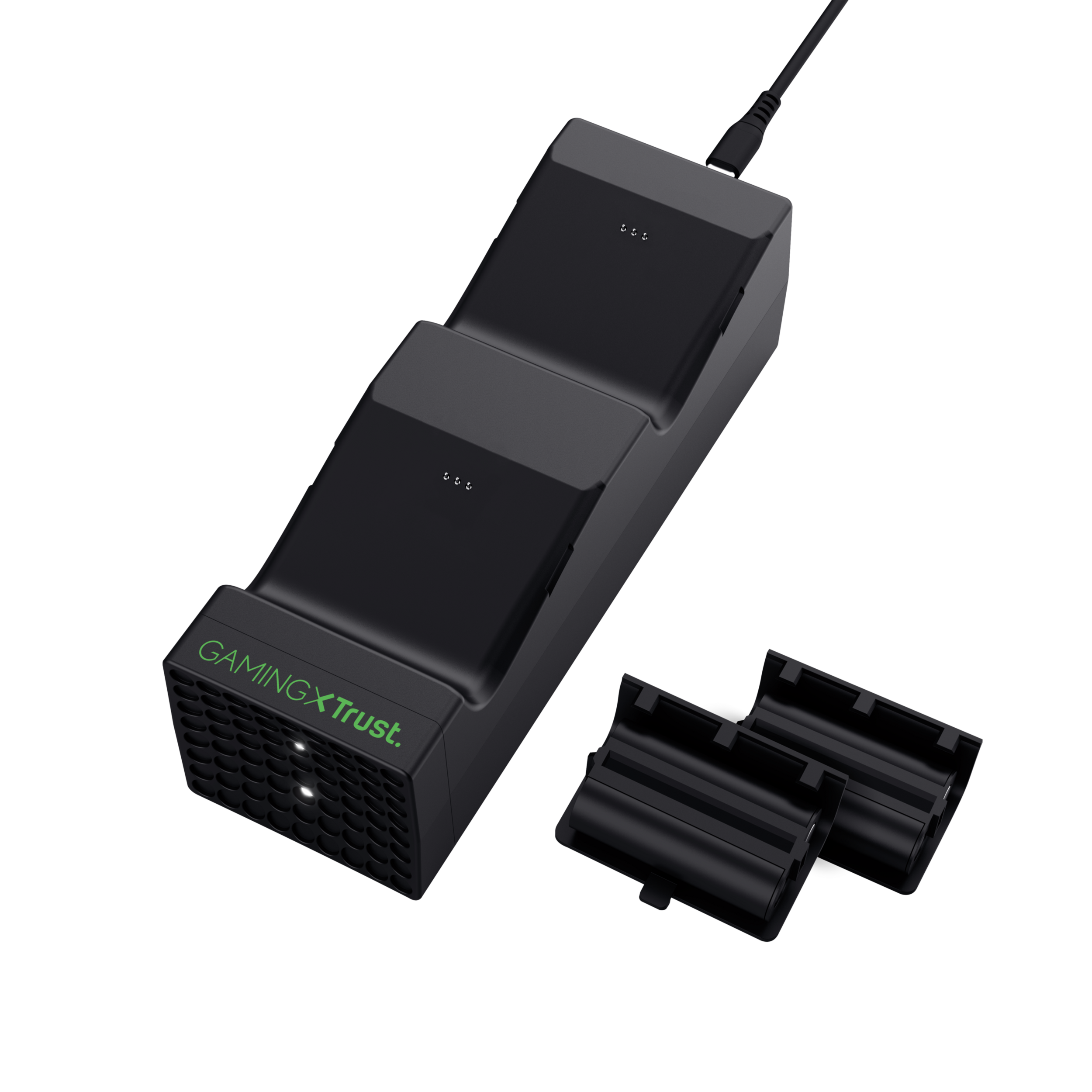 Een zwarte oplader voor gamecontrollers met twee batterijpakketten ernaast.