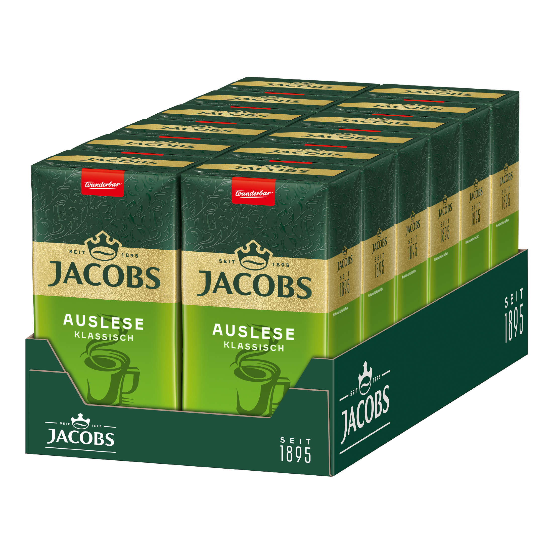 Eine Anzeige von Jacobs-Kaffeeboxen mit grün-weißer Verpackung.