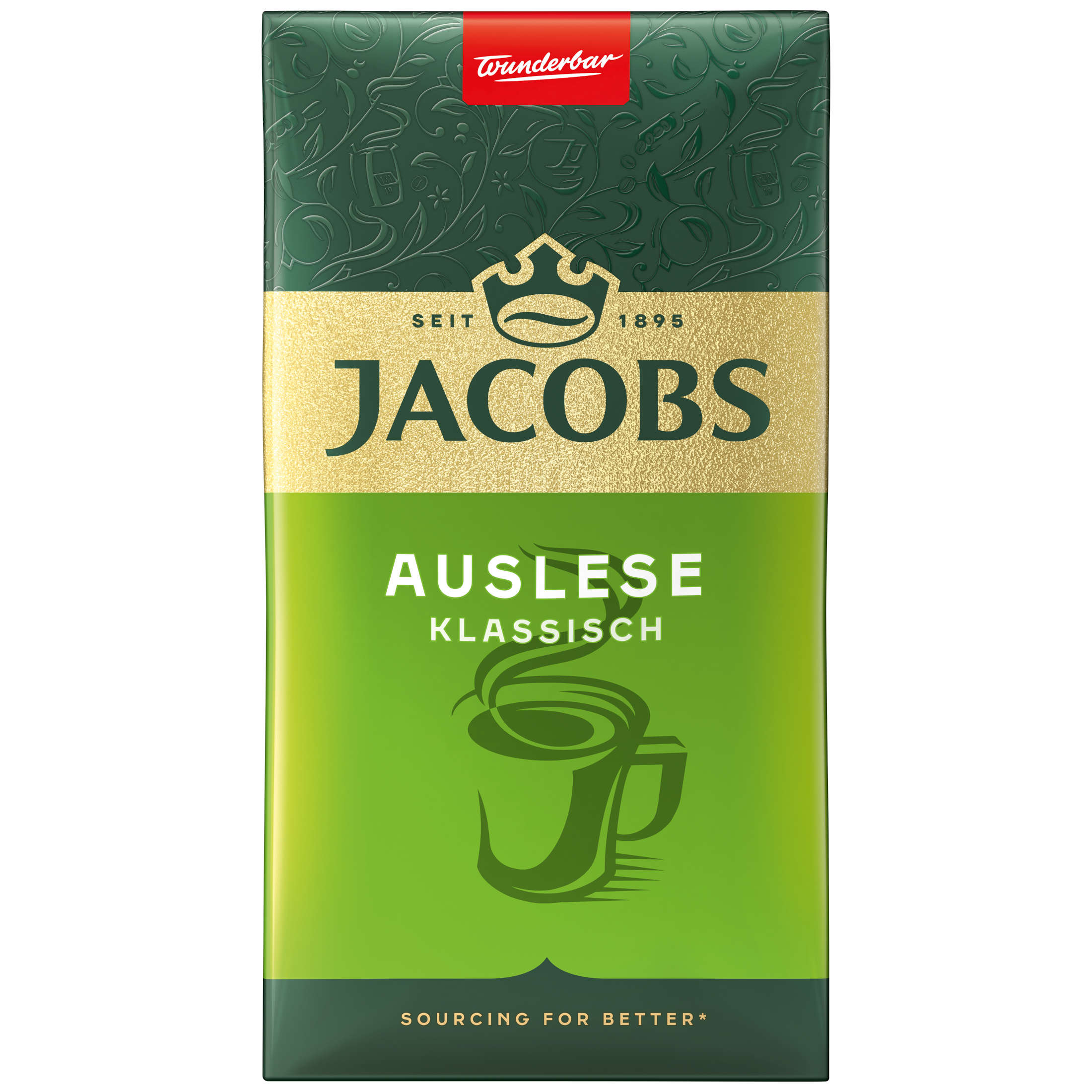 Grün-goldene Kaffeeverpackung mit der Aufschrift 'JACOBS AUSLESE KLASSISCH'.