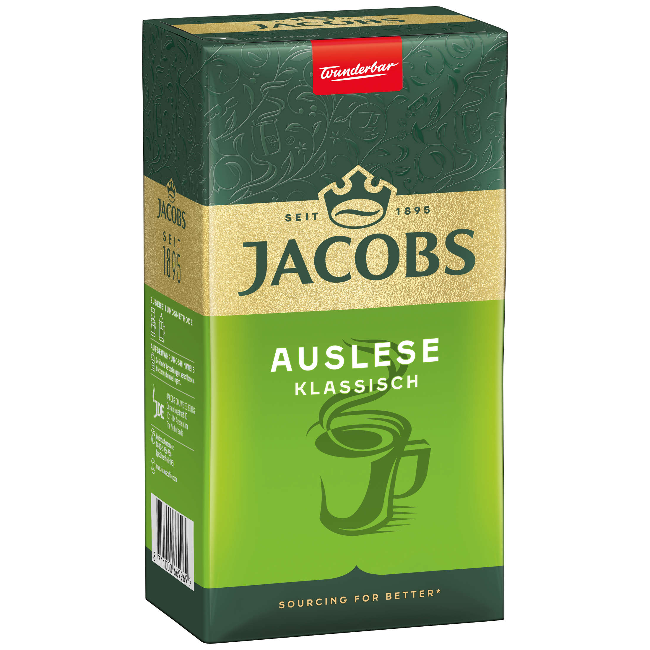 Grüne Jacobs Kaffeetüte mit Text und einer Tassenillustration.