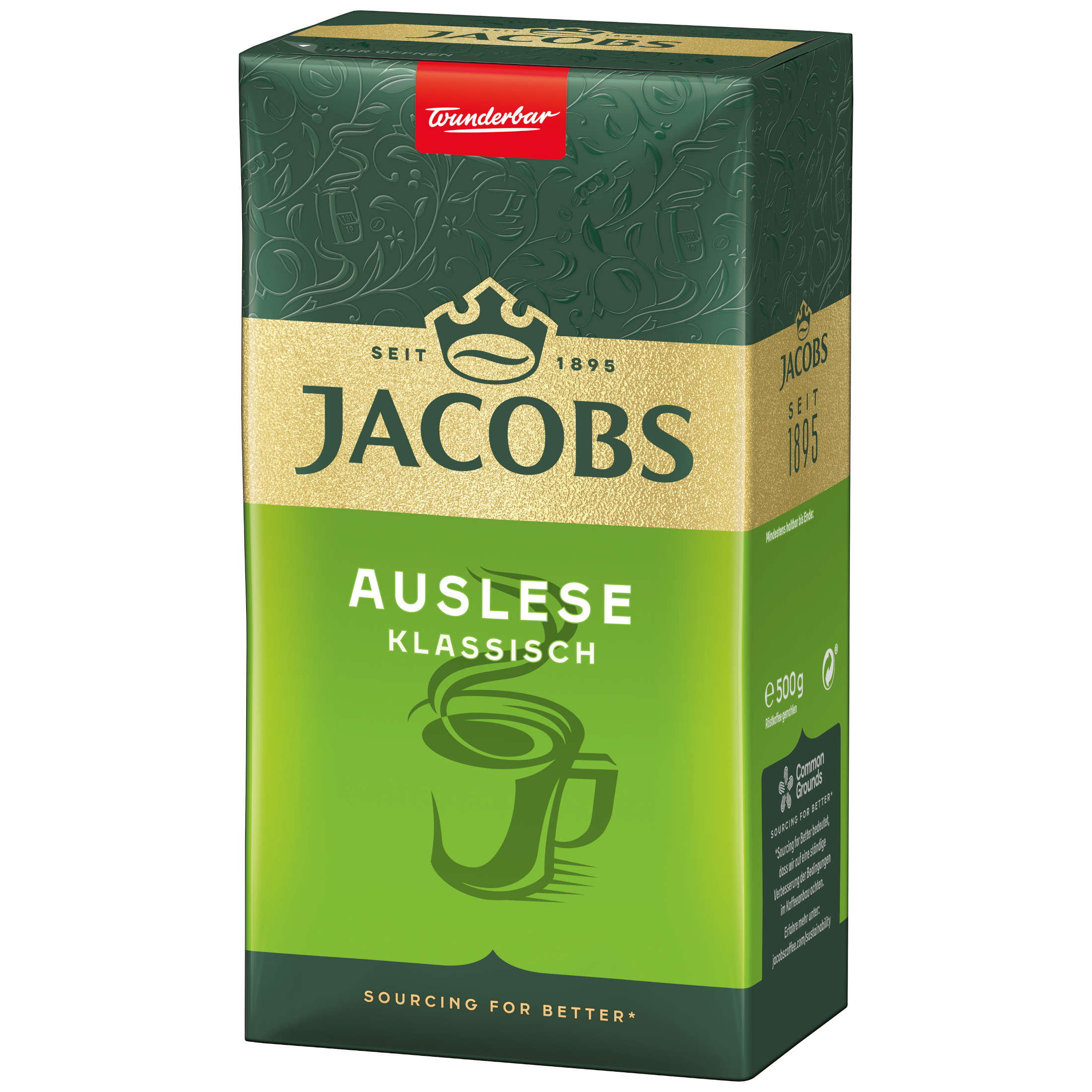 Jacobs Auslese Kaffeeverpackung. Grün und dunkelgrün, mit dem Markenlogo.