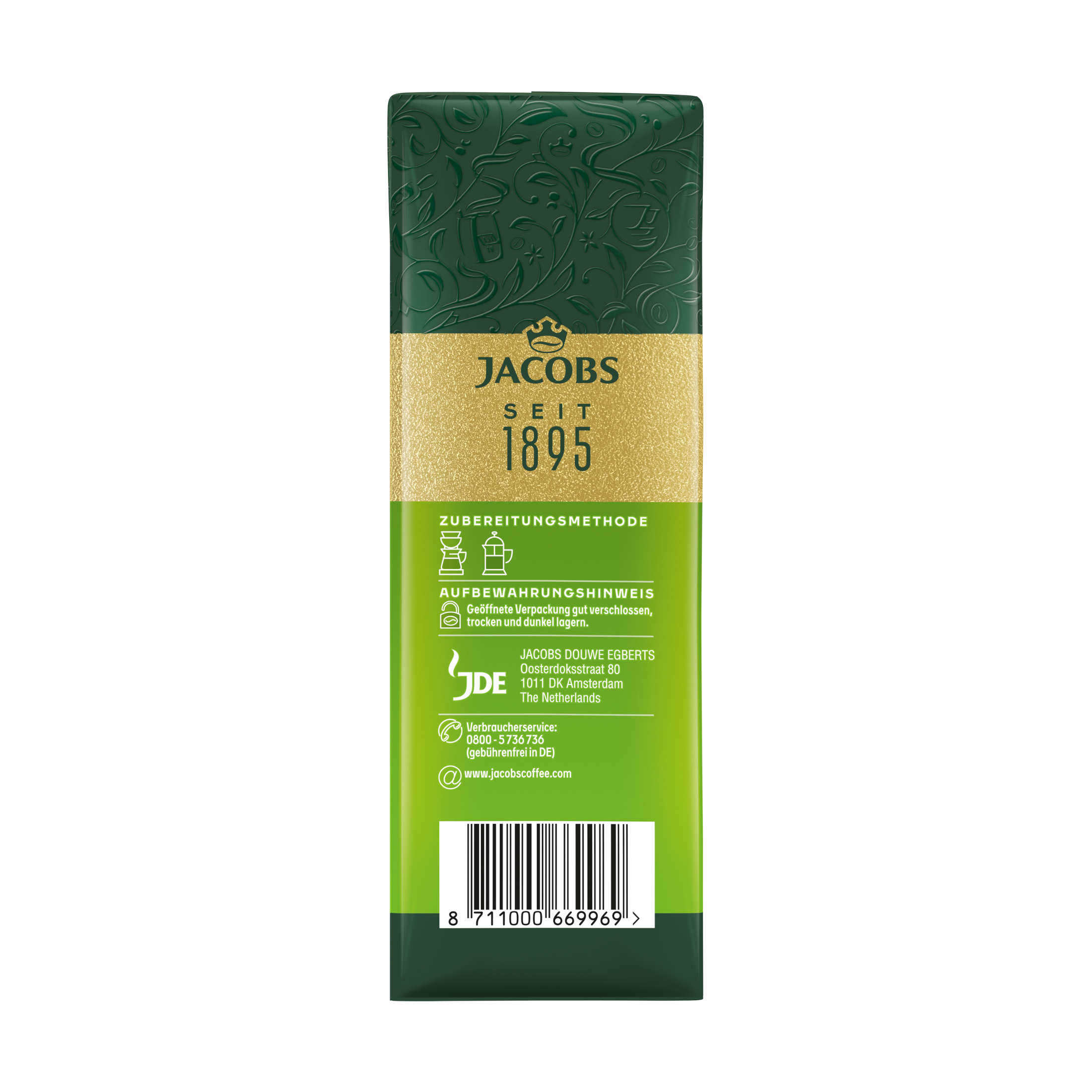 Eine Kaffeepackung mit grünen und goldenen Farben, die Text und einen Barcode zeigt.