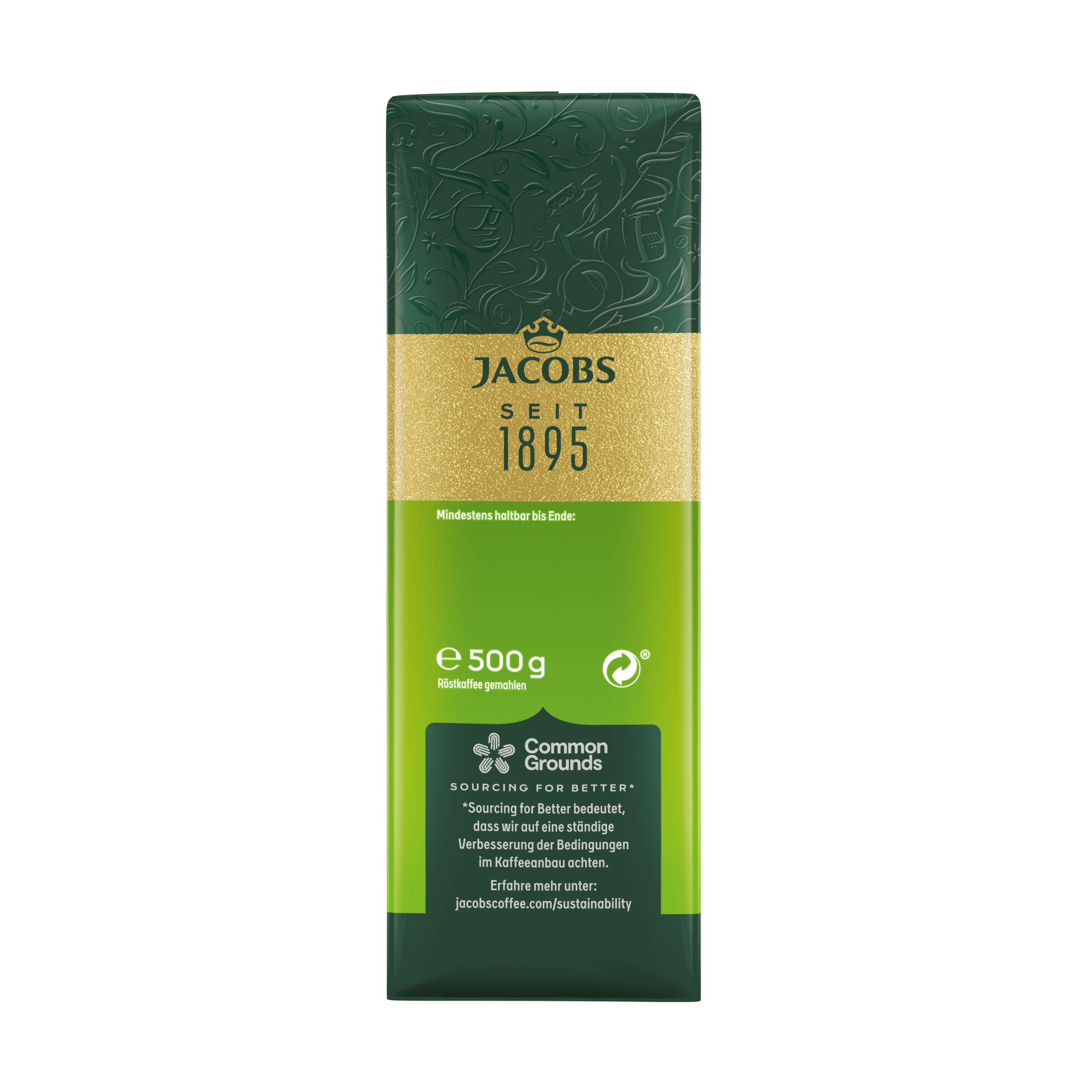 Jacobs Kaffee Verpackung, grün und gold, mit Text und Logo. Weißer Hintergrund.