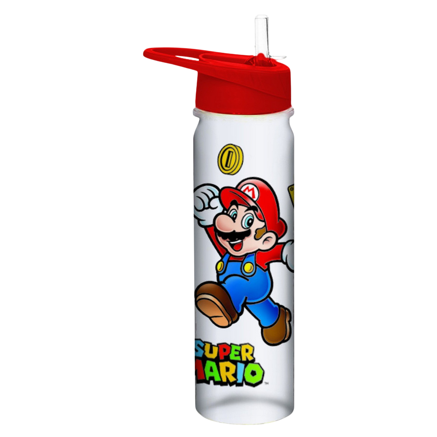 Bottiglia d'acqua di Super Mario, con Mario, monete e il logo di Super Mario su una bottiglia bianca.