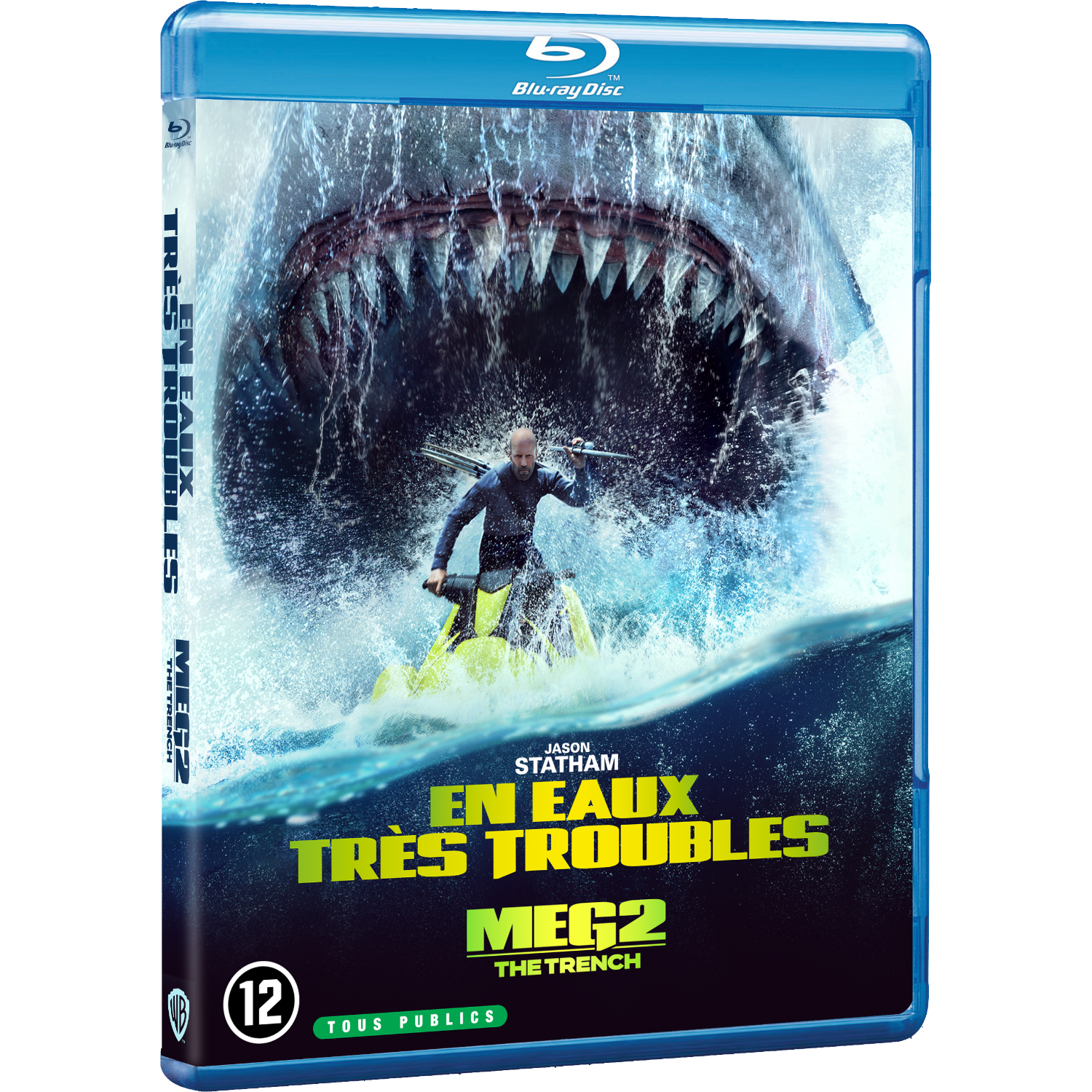 Filmposter van 'Meg 2: The Trench'. Een man op een jetski wordt aangevallen door een gigantische haai.