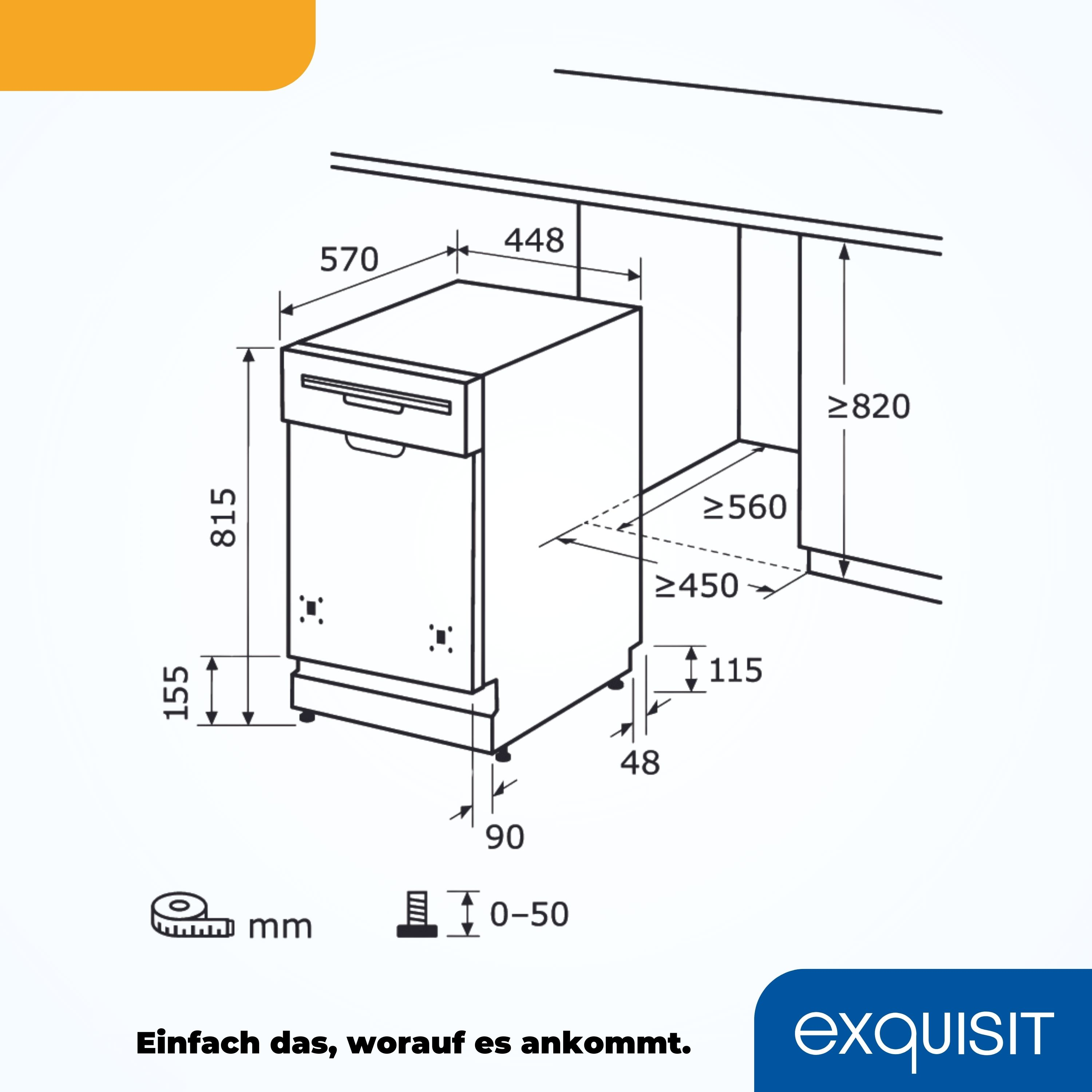 Diagramm eines weißen Geschirrspülers mit Abmessungen in mm; Text unten: 'Einfach das, worauf es ankommt'.