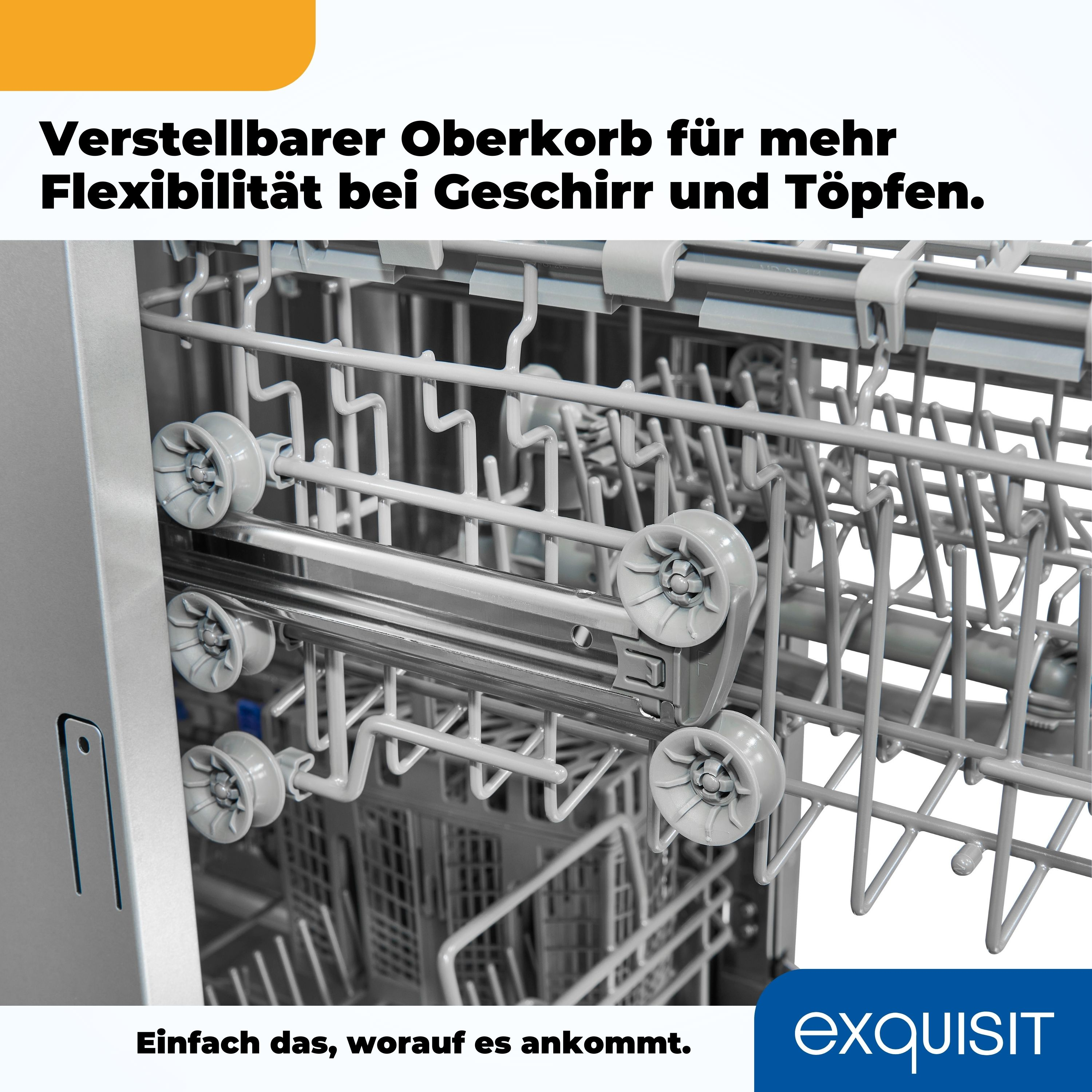 Geschirrspüler-Innenraum. Verstellbarer oberer Korb mit Rädern und Metallgestellen.