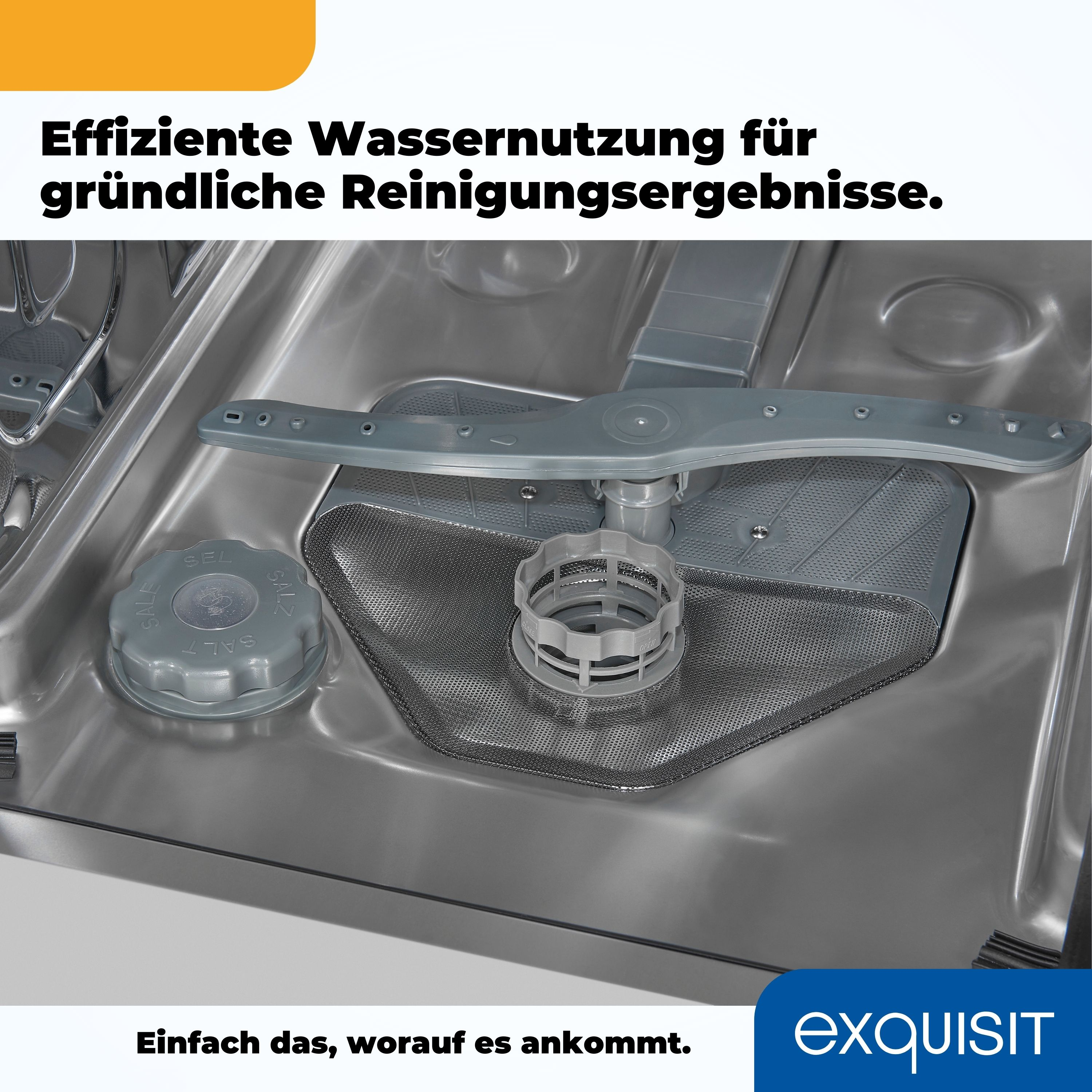 Innerhalb eines Geschirrspülers, einschließlich Sprüharme, Filter und Salzbehälter. Text: 'Effiziente Wassernutzung'.