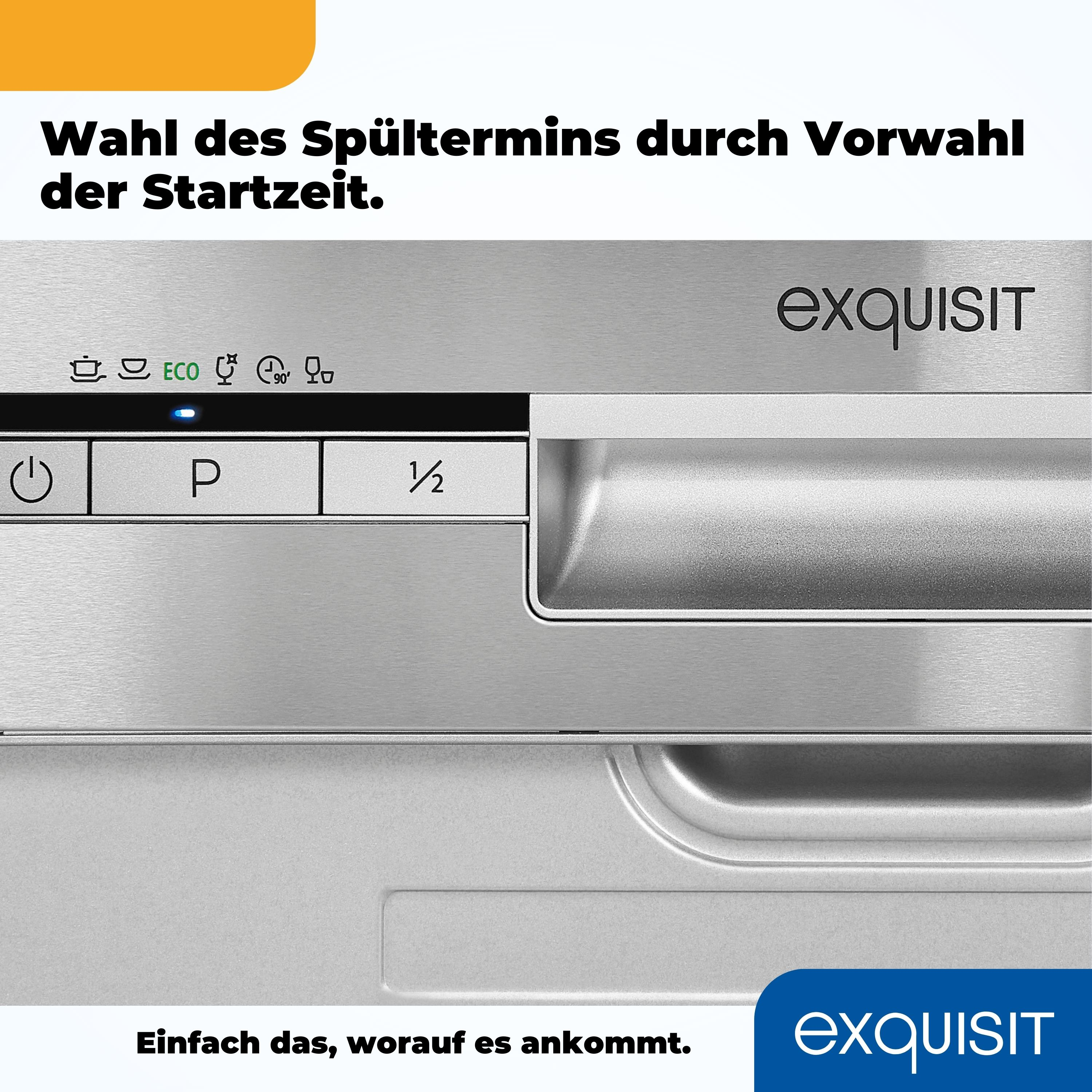 Nahaufnahme eines silbernen Geschirrspüler-Bedienfelds mit Knöpfen. Marke Exquisit.