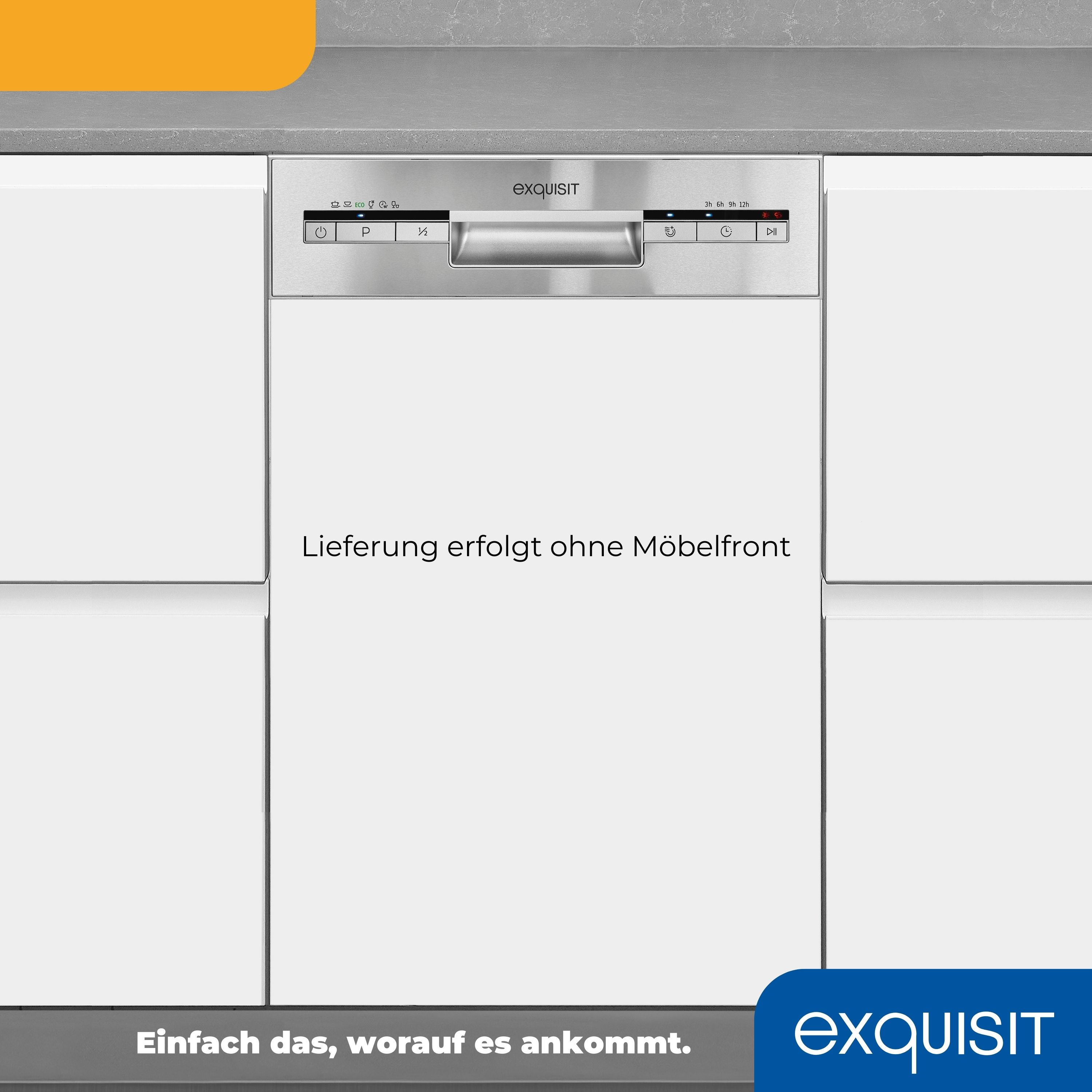Ein weißer Geschirrspüler mit silberner Blende, mit dem Text 'Lieferung erfolgt ohne Möbelfront'.