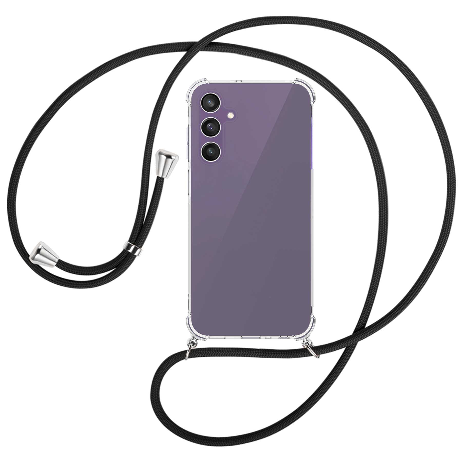 Ein Telefon mit transparenter Hülle und schwarzem Umhängeband, mit silberfarbenen Details, auf weißem Hintergrund.