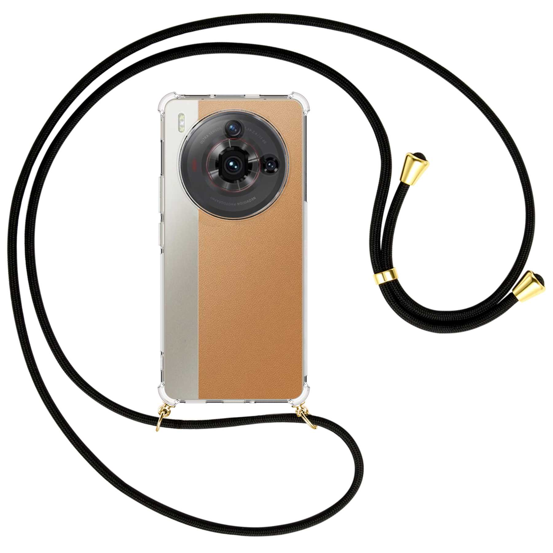 Telefon mit gold-brauner Hülle und schwarzem Umhängeband.