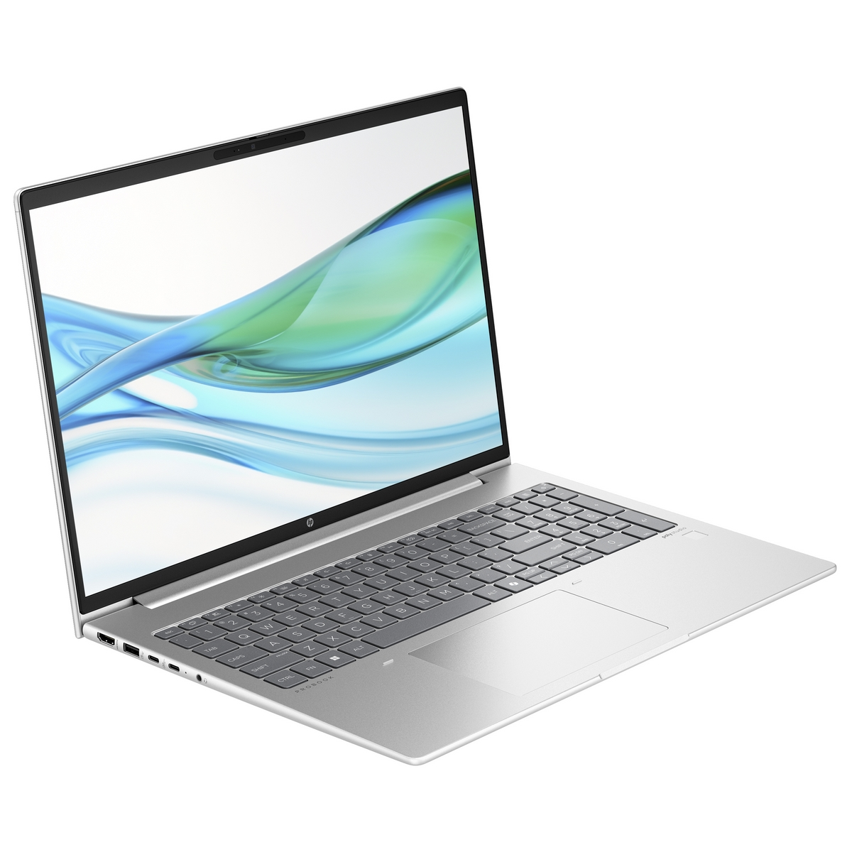 Laptop argentato, aperto, su sfondo bianco. Lo schermo mostra una grafica. Tastiera visibile.