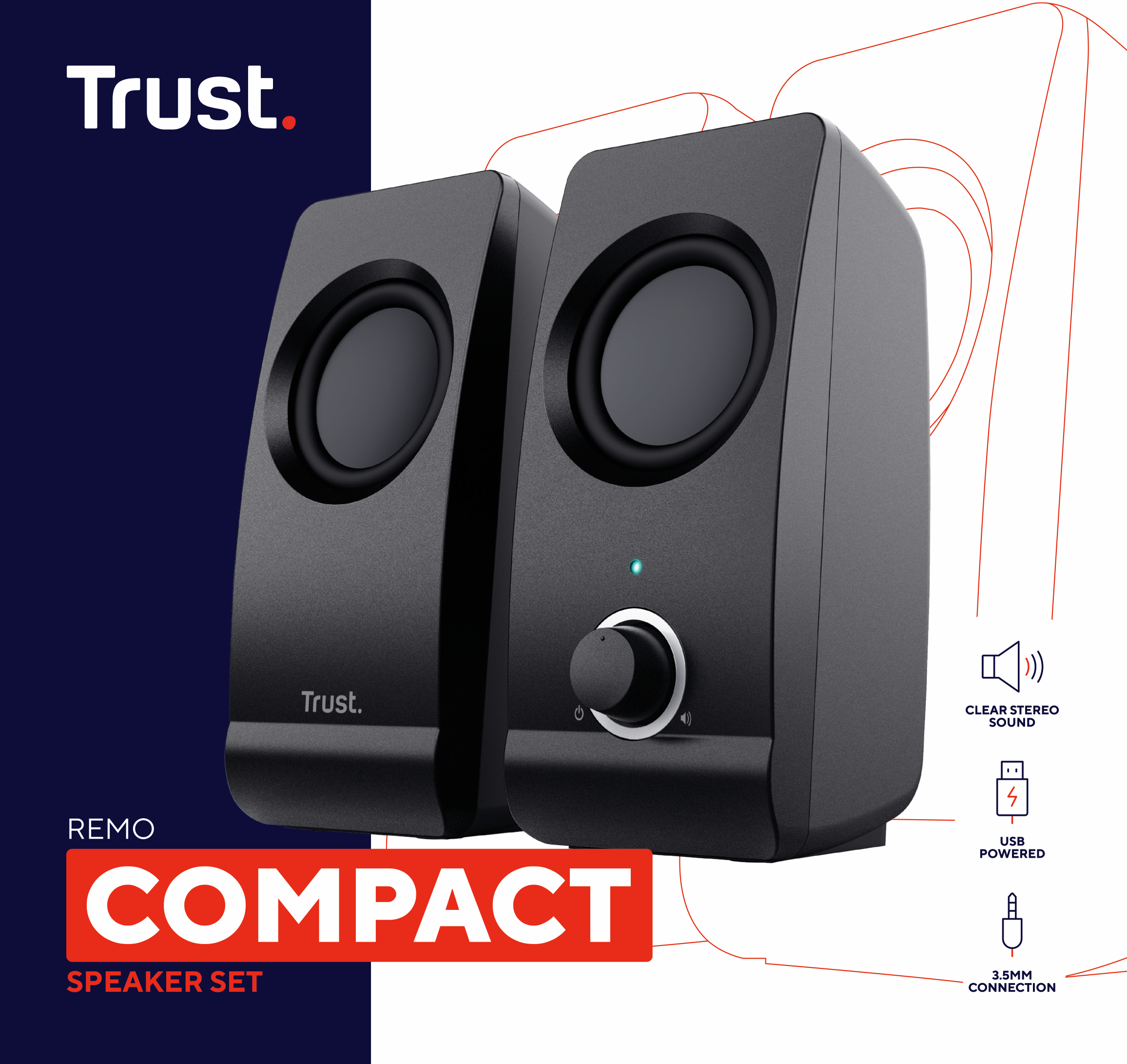 Dwa czarne głośniki z pokrętłem regulacji głośności. Widoczna marka Trust. Ciemnoniebieskie tło.