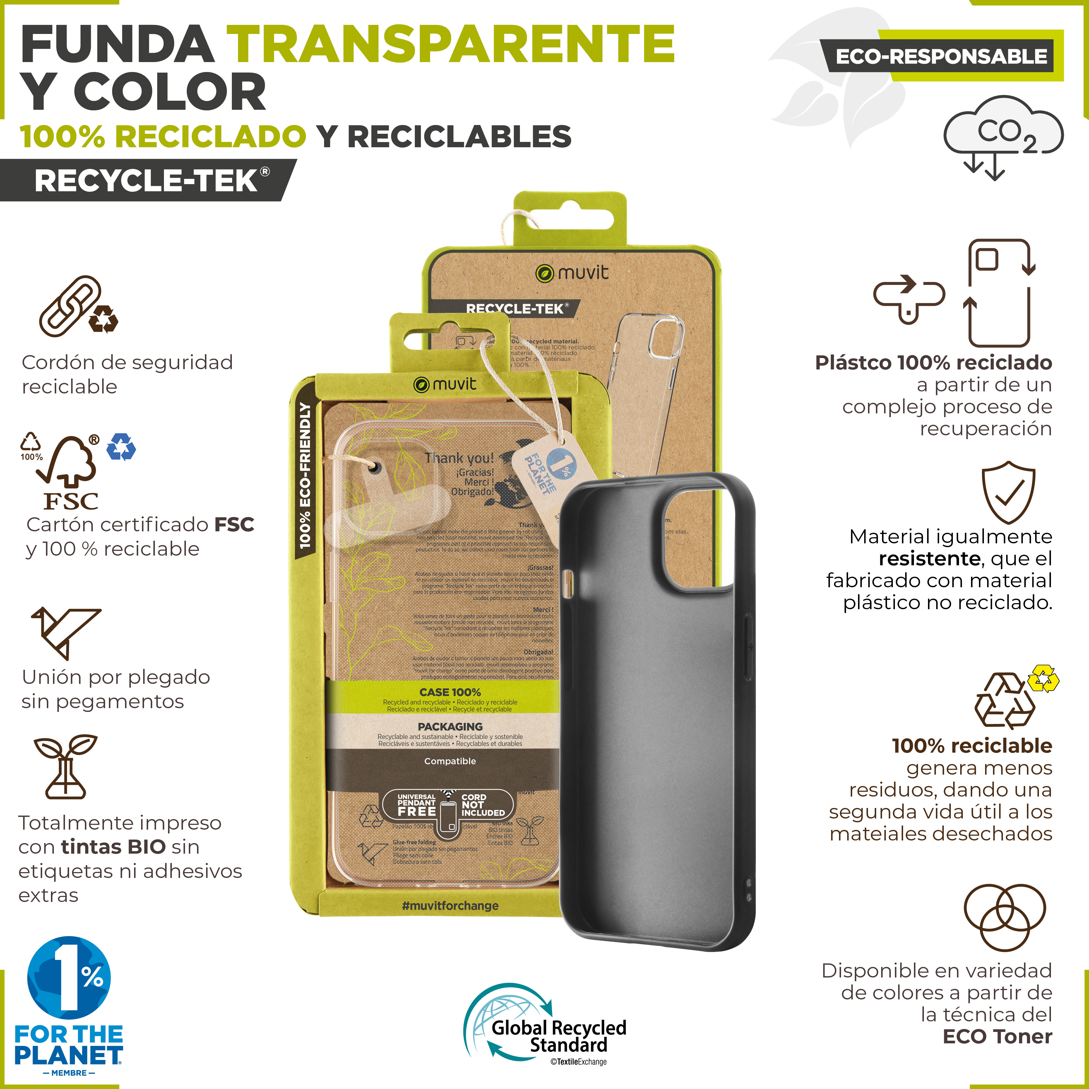 Embalaje de funda de teléfono con texto e iconos. Funda negra visible. Fondo blanco.