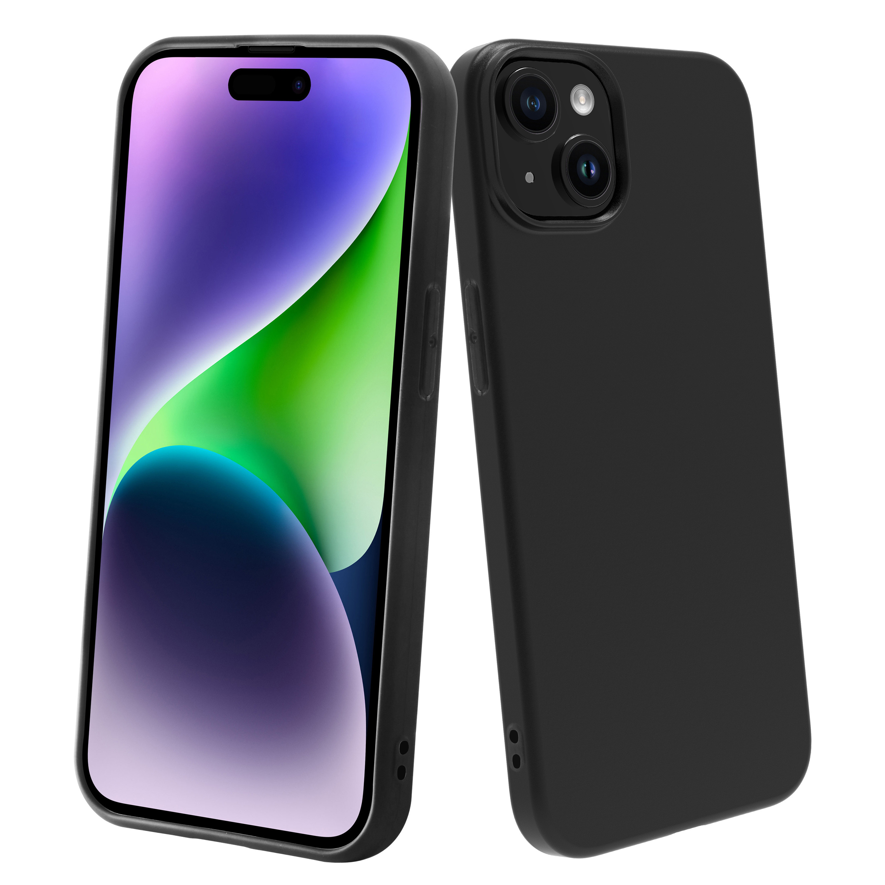 Dos fundas negras para teléfono, una con el teléfono dentro y otra mostrando la parte trasera.