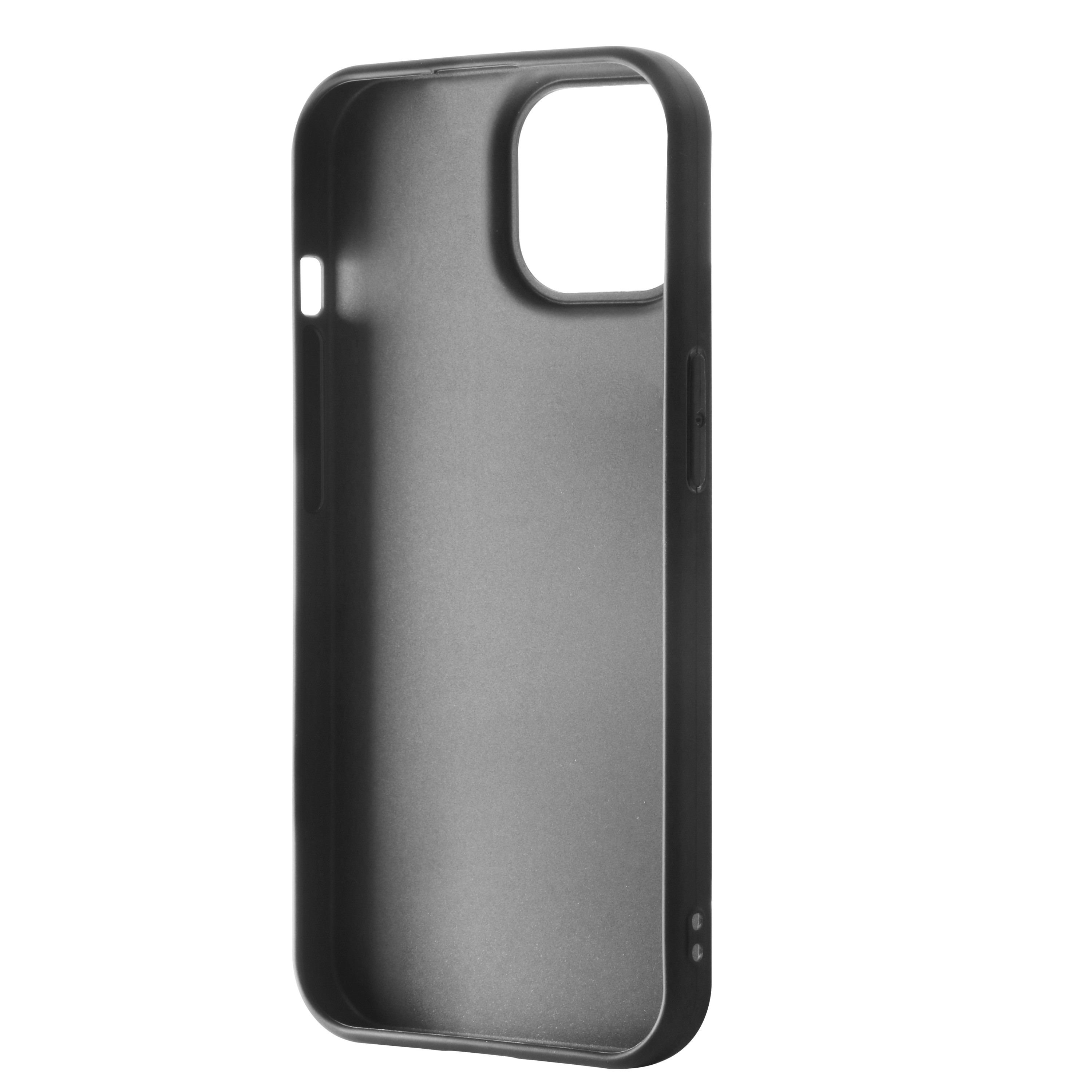 Una funda negra para iPhone, vista lateral, interior vacío.