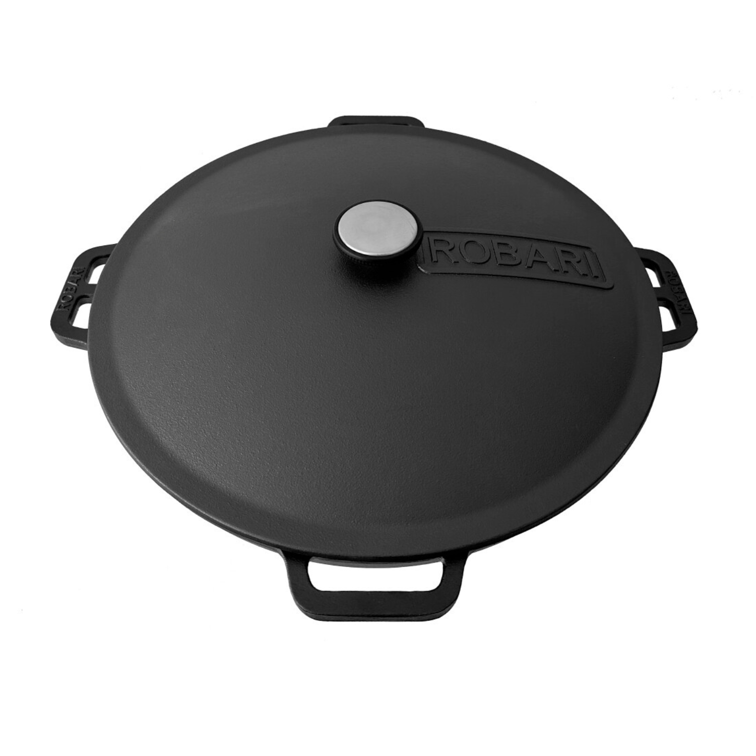 Schwarze Gusseisenpfanne mit Deckel. Deckel hat einen Griff und den Markennamen ROBARI.