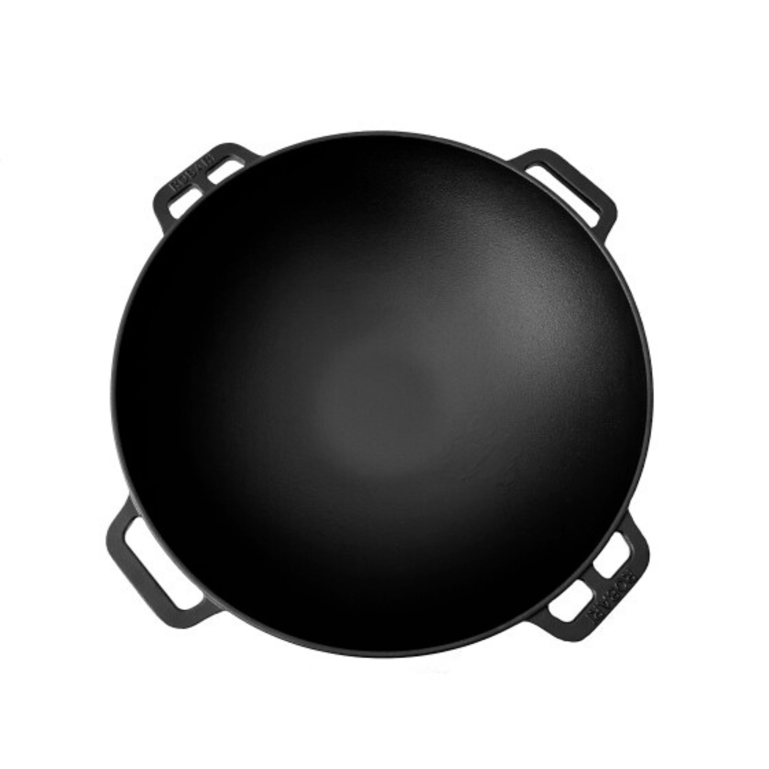 Schwarze Wok-Pfanne mit vier Griffen, Draufsicht, weißer Hintergrund.