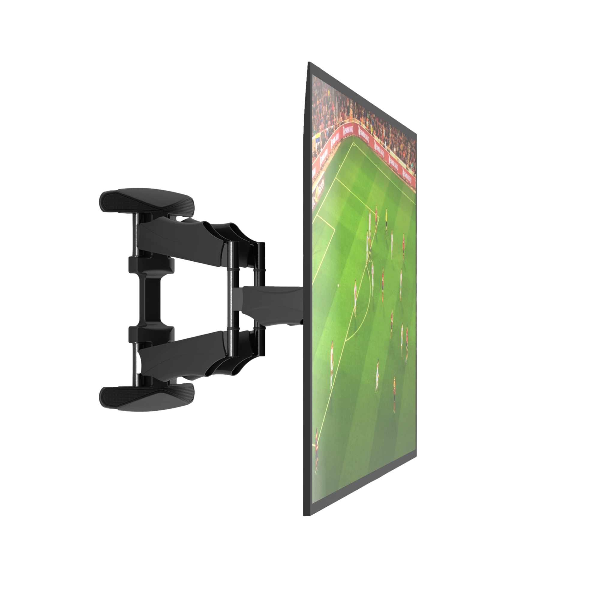 Ekran telewizora wyświetla mecz piłki nożnej, zamontowany na czarnym uchwycie ściennym.