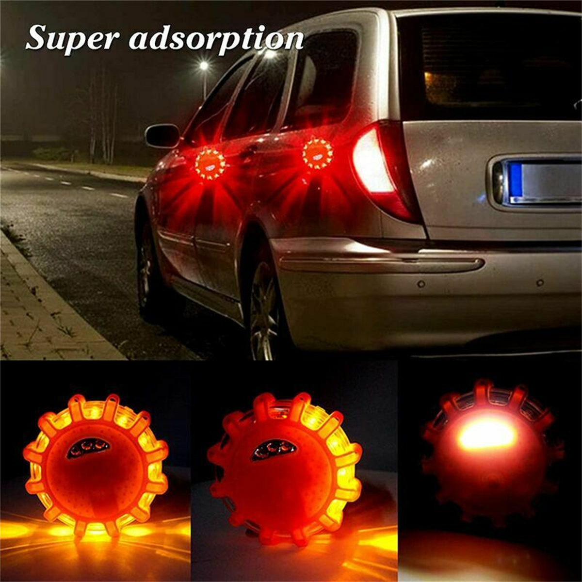 Auto mit roten Notlichtern. Lichter sind rund und hell. Hintergrund ist eine dunkle Nachtszene.