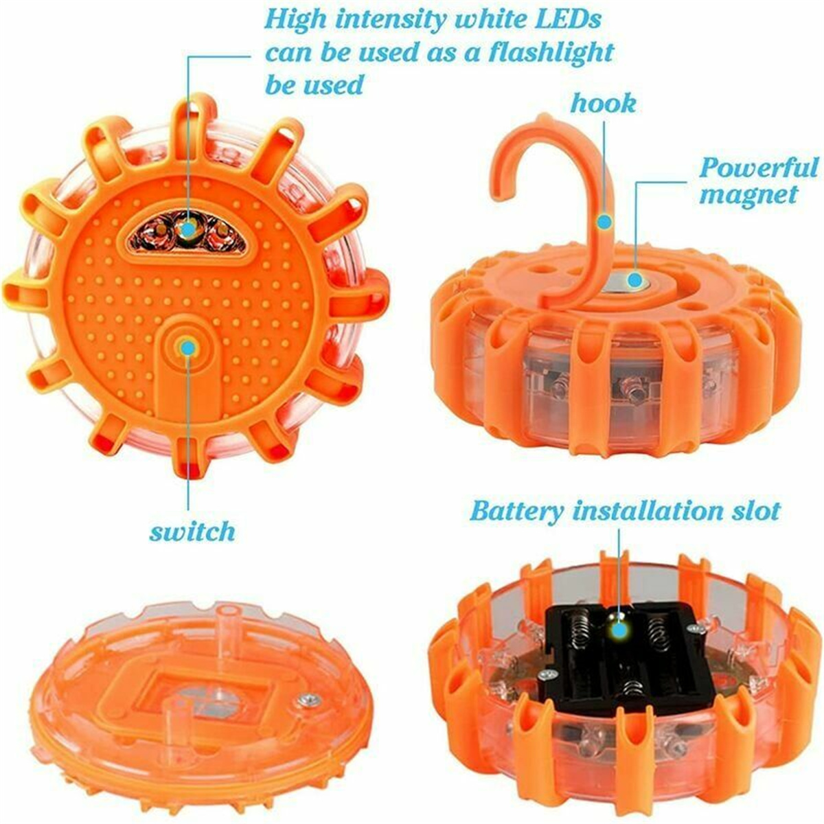 Orangefarbenes Notlicht. Verschiedene Ansichten zeigen Haken, Magnet und Batteriefach.