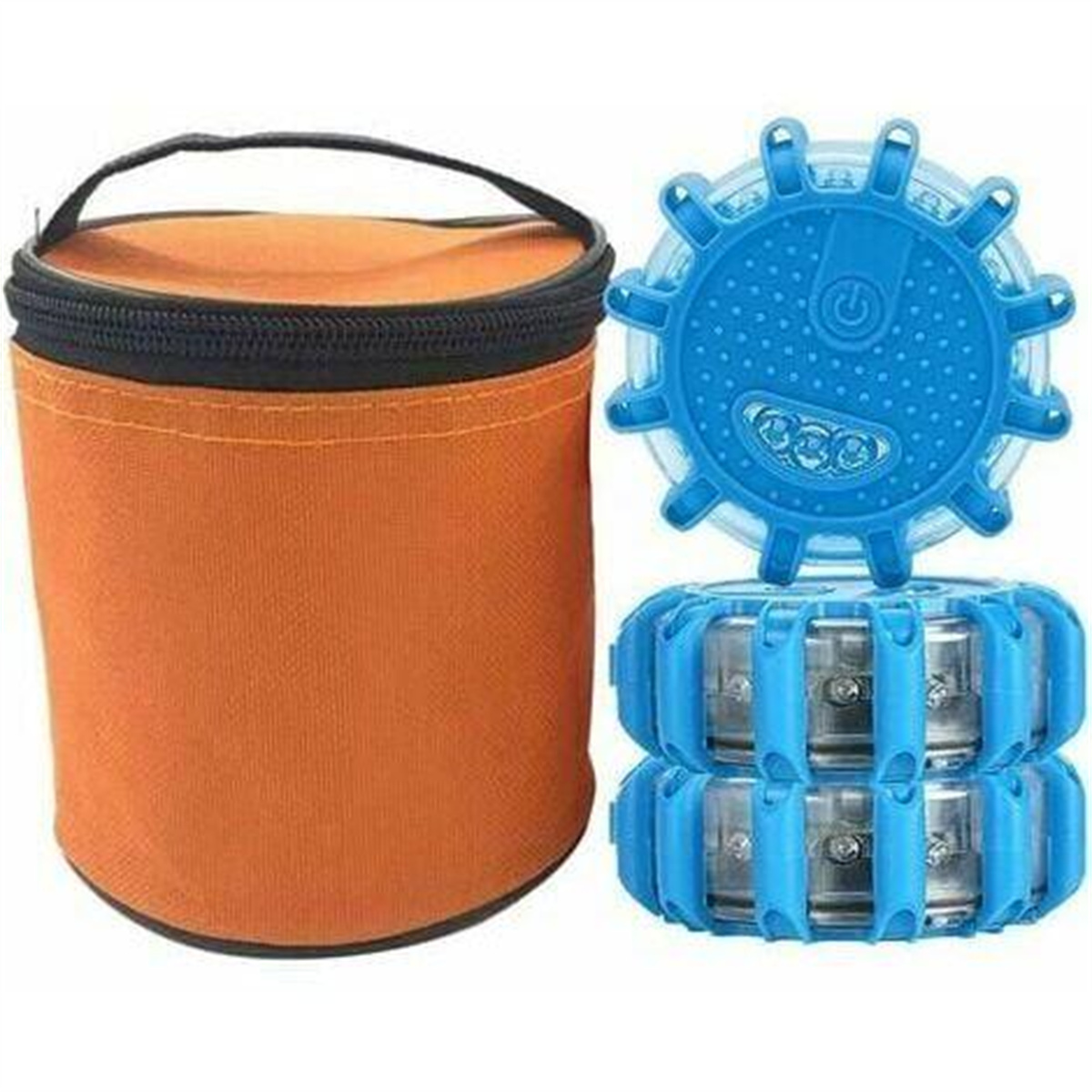 Orangene Tasche und zwei blaue Notlichter. Weißer Hintergrund.