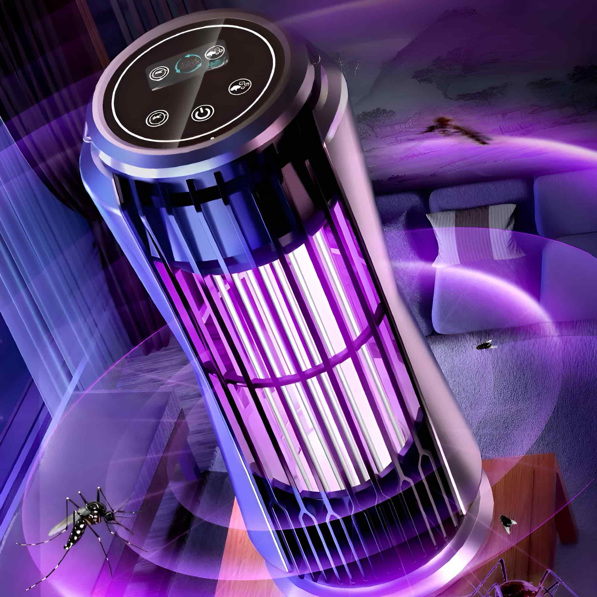 UV-Insektenvernichter. Zylindrische Form, violettes Licht, mit Insekten und Wohnzimmerhintergrund.
