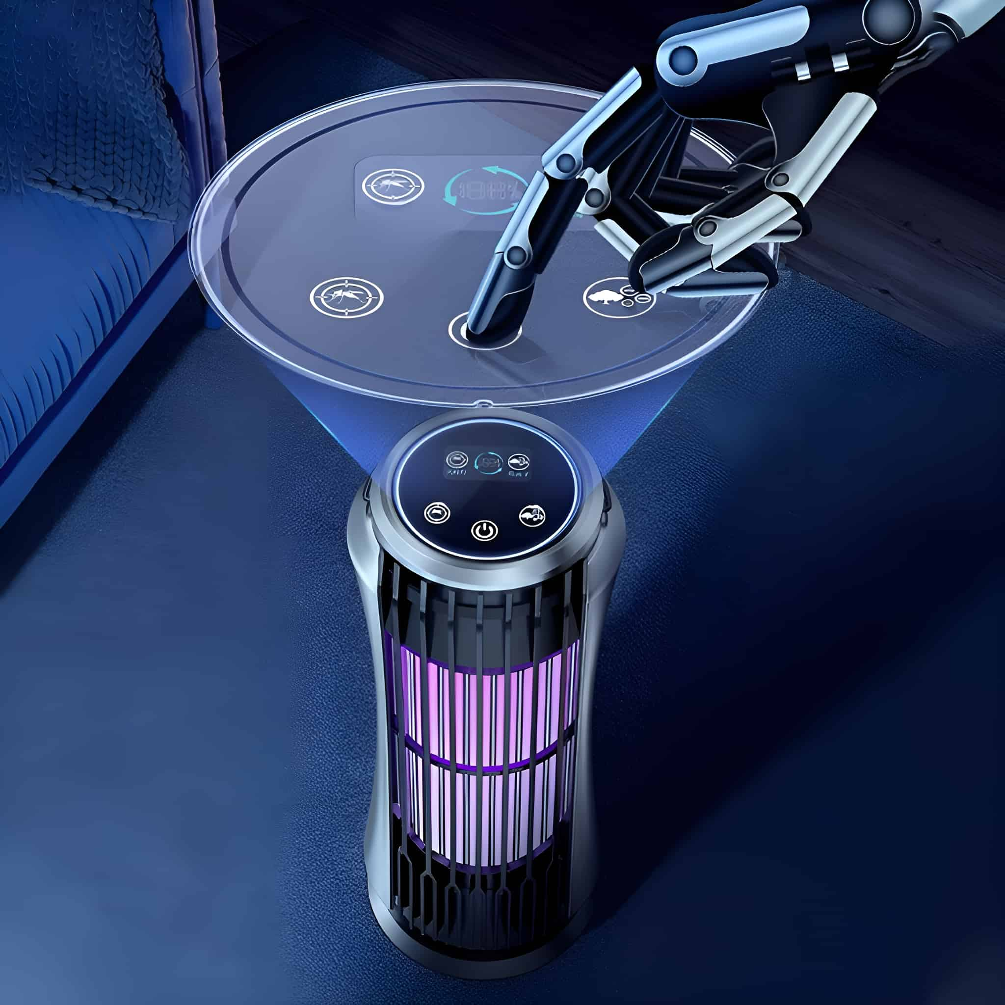 Eine Mückenvernichter-Lampe, schwarz und silber, mit blauem Licht und einer Hand.