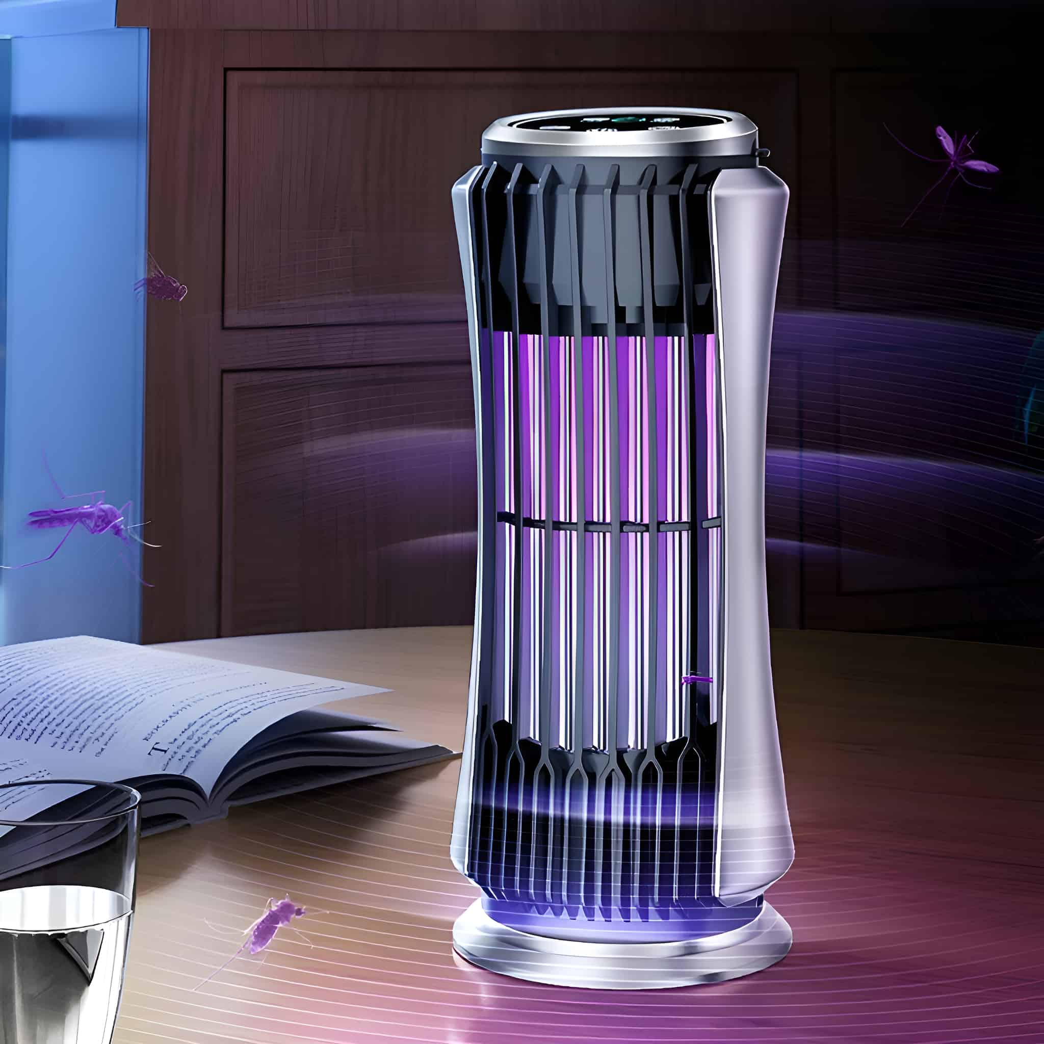 Eine Mückenvernichterlampe mit violettem Licht, auf einem Schreibtisch mit Buch und Glas.