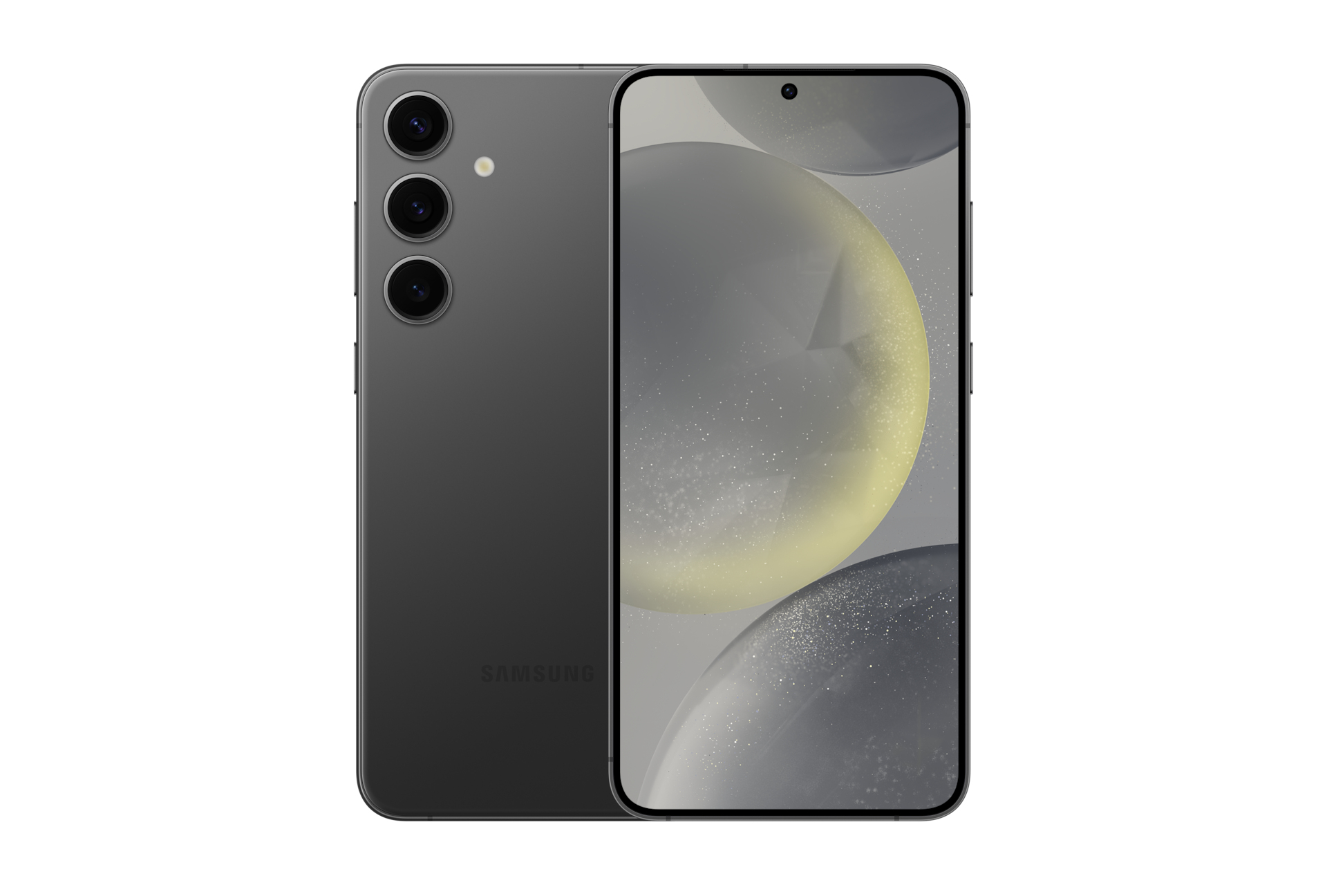 Czarny telefon z trzema tylnymi aparatami. Ekran wyświetla rozmyte tło.