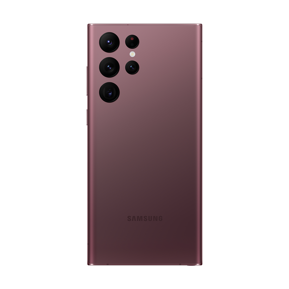 Mor bir telefon, arka görünüm. Çoklu kameralar ve bir Samsung logosu görünür.