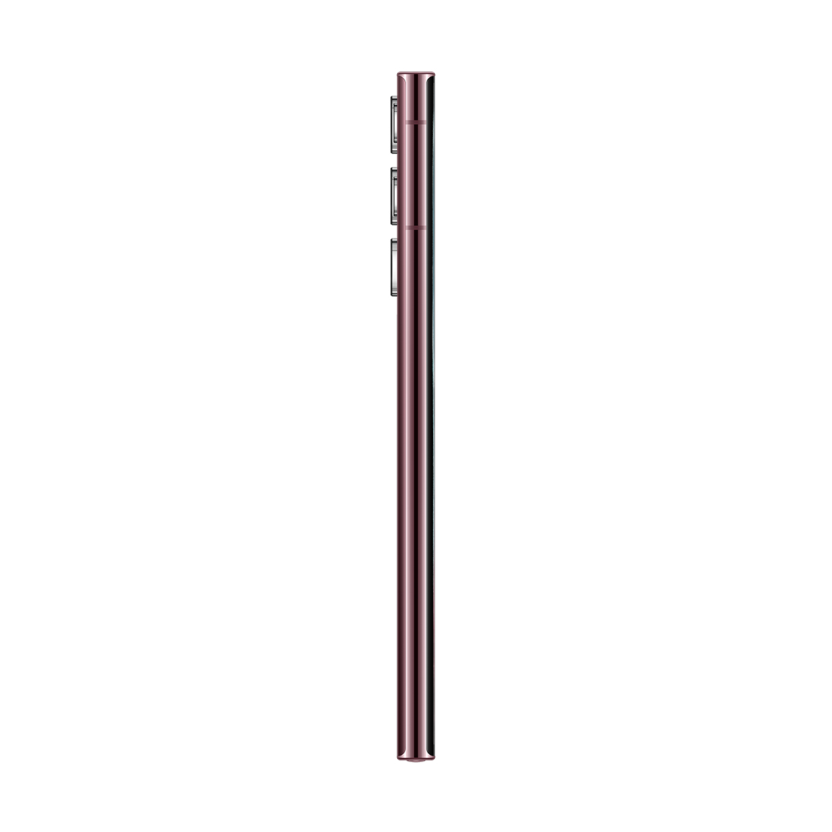 Pembe bir telefonun yan görünümü, düğmeleri ve ince profili gösteriyor.