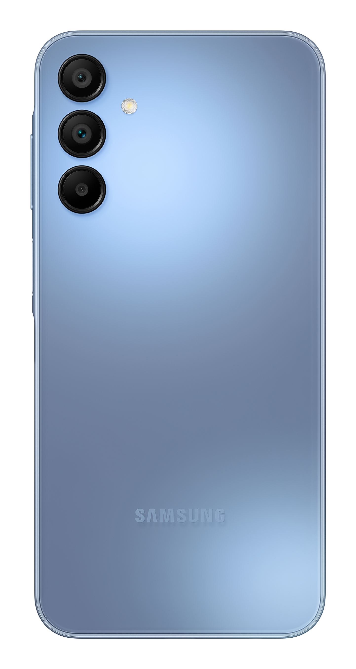 Tył jasnoniebieskiego telefonu Samsung. Pokazuje obiektywy aparatu i logo Samsung.