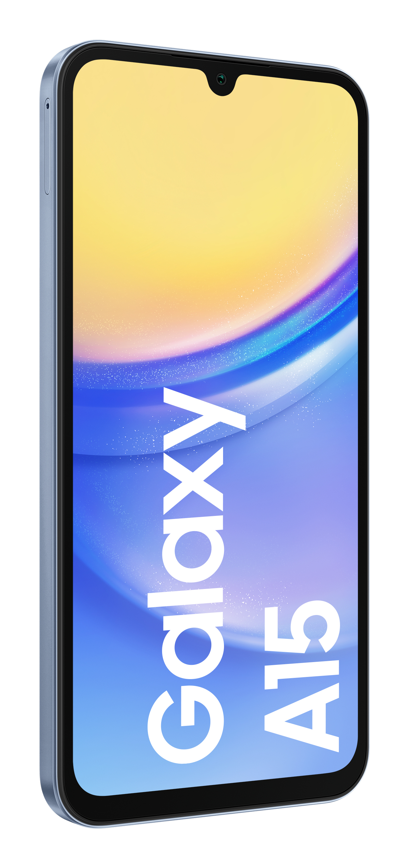 Niebieski telefon z dużym ekranem wyświetlającym kolorowe tło.