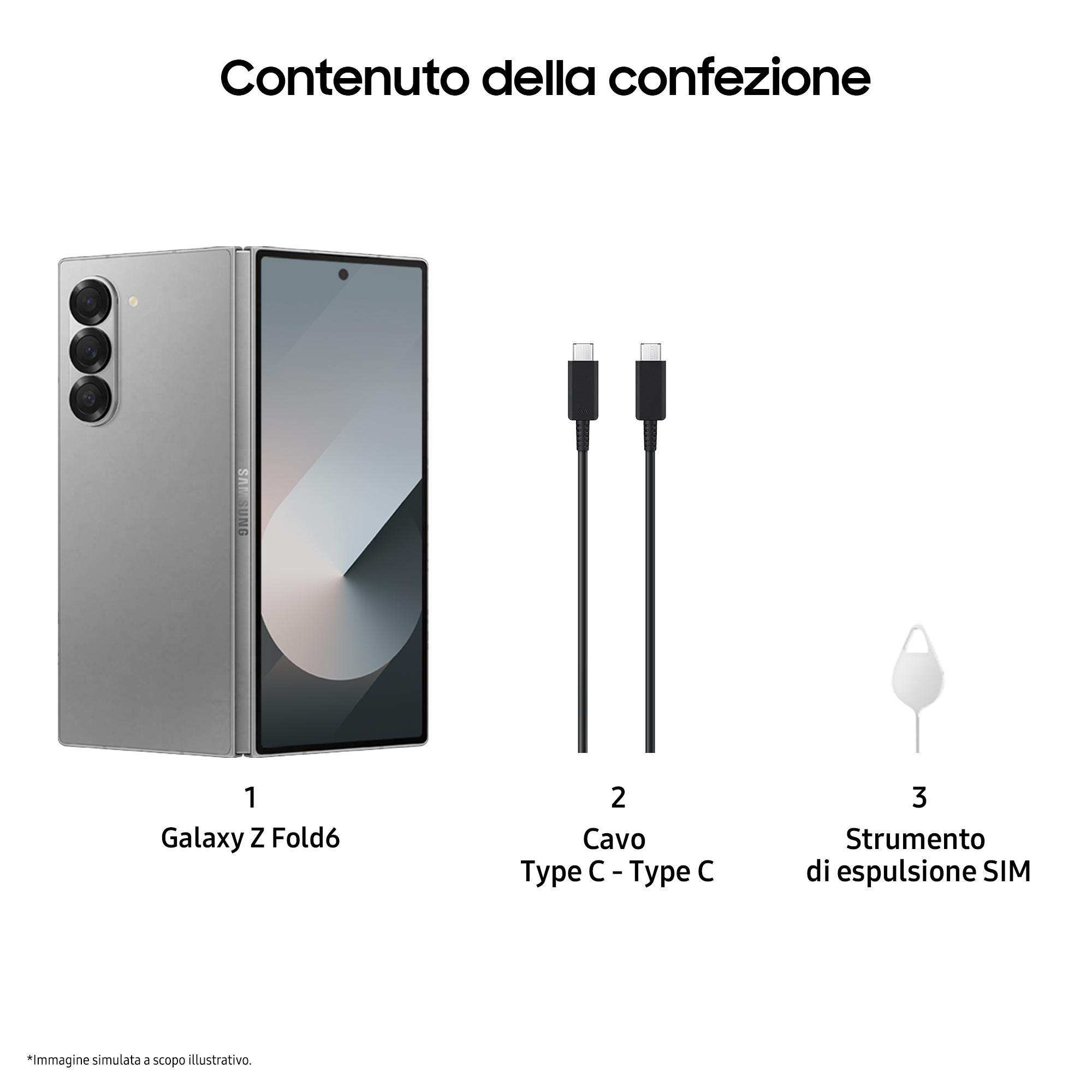 Srebrny składany telefon, dwa kable i narzędzie do wysuwania karty SIM na białej powierzchni.