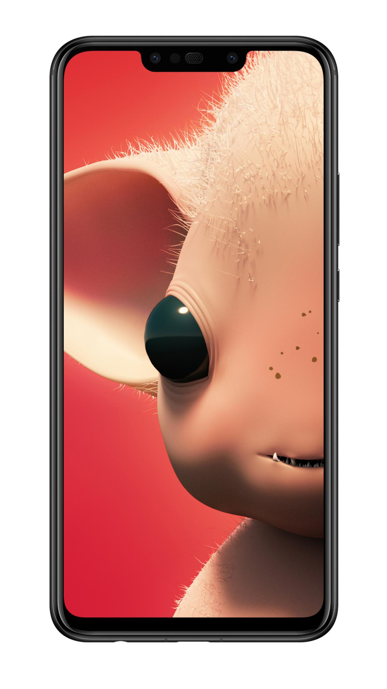 Ein Smartphone zeigt einen Cartoon-Charakter mit rosa Gesicht und rotem Hintergrund.