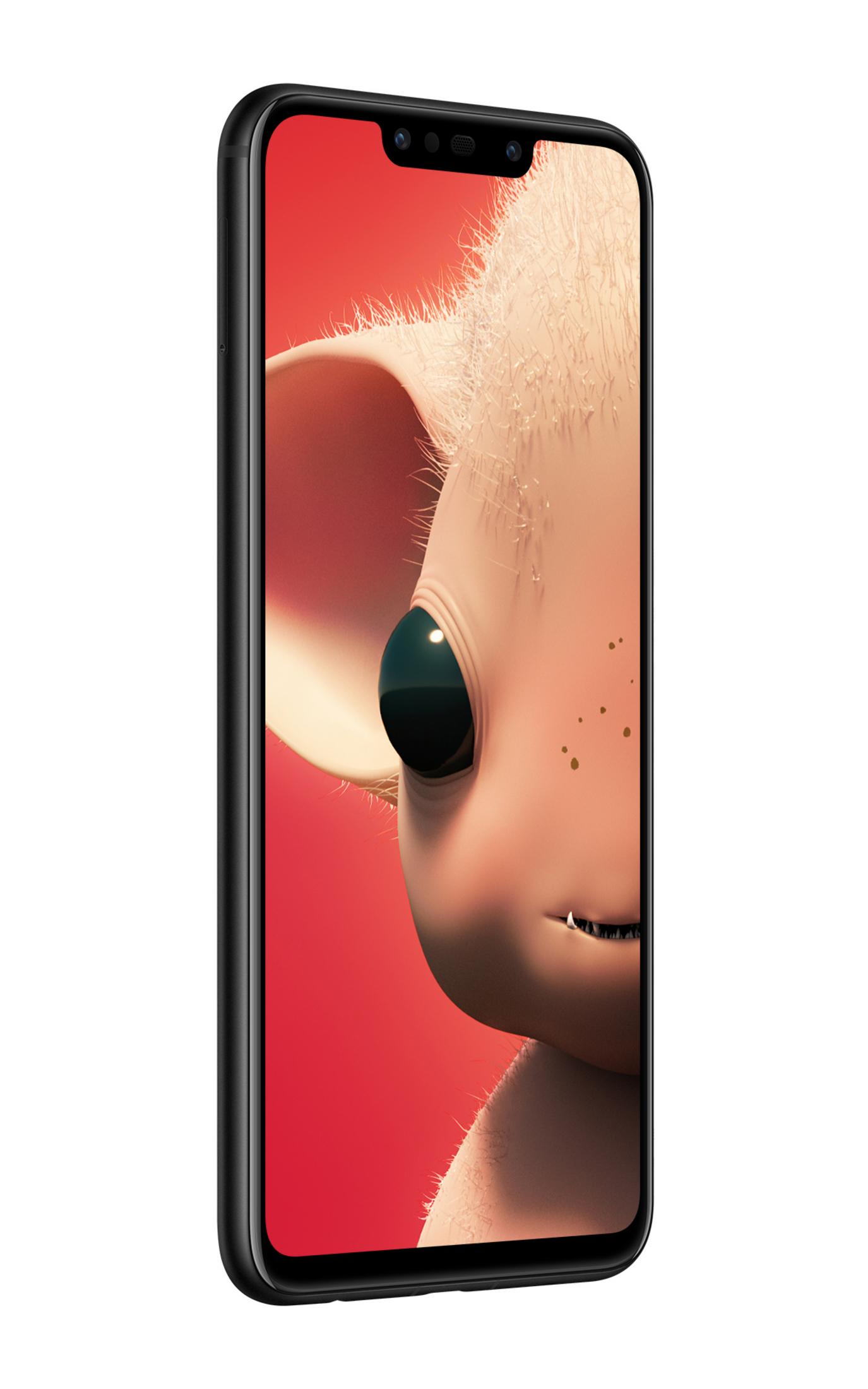 Smartphone mit Cartoon-Figur auf dem Bildschirm. Roter Hintergrund. Figur hellhäutig.