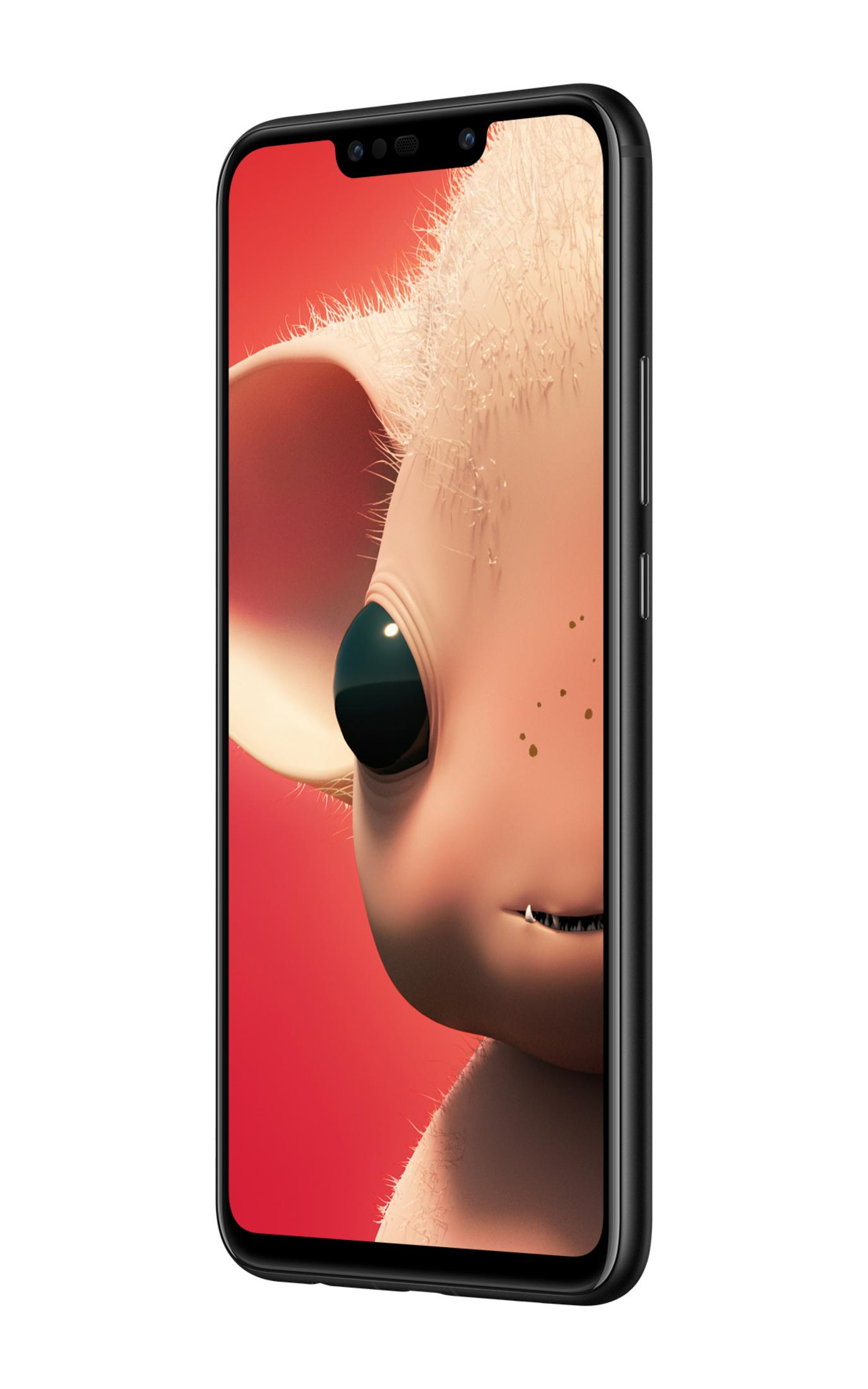 Telefonbildschirm mit Cartoon-Gesicht, schwarzer Rahmen, roter Hintergrund.