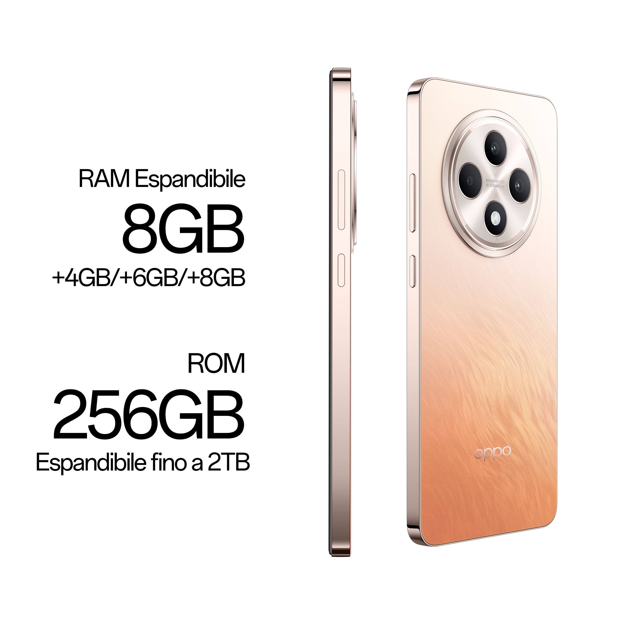 Un telefono oro e arancione, che mostra le specifiche di RAM e ROM, e il marchio Oppo.