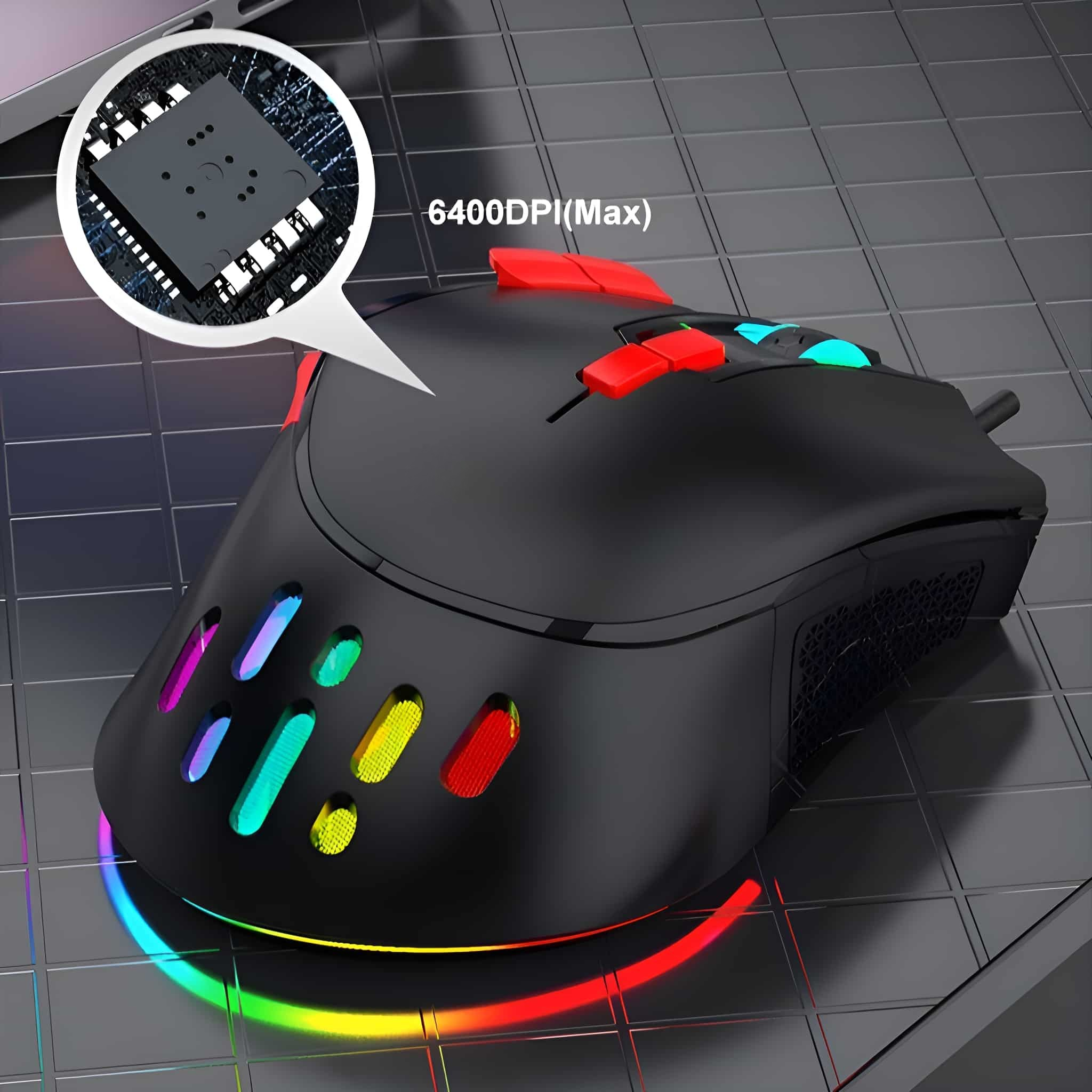 Schwarze Gaming-Maus mit Regenbogenlichtern und roten Tasten, 6400DPI (Max).