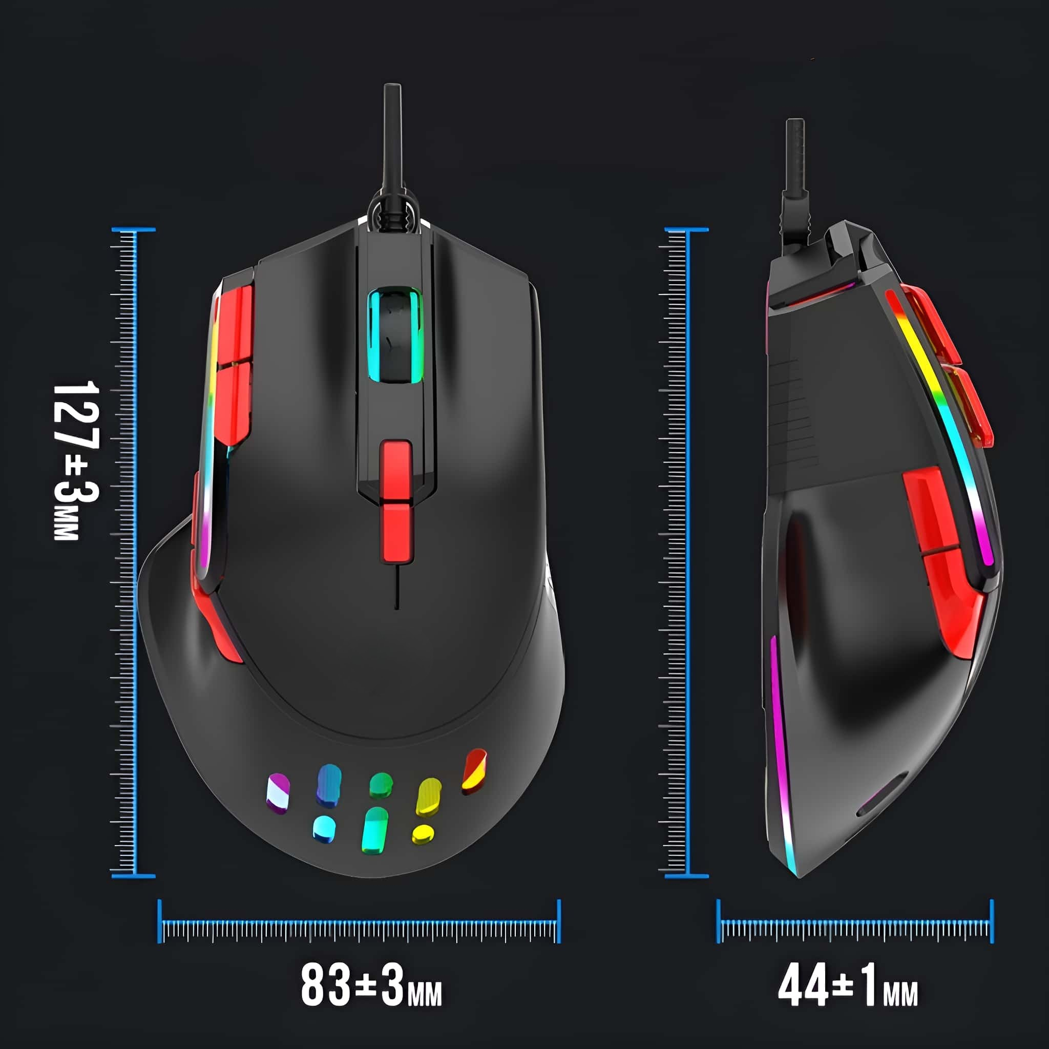 Eine schwarze Gaming-Maus mit Abmessungen, mit bunten Lichtern an den Seiten und oben.